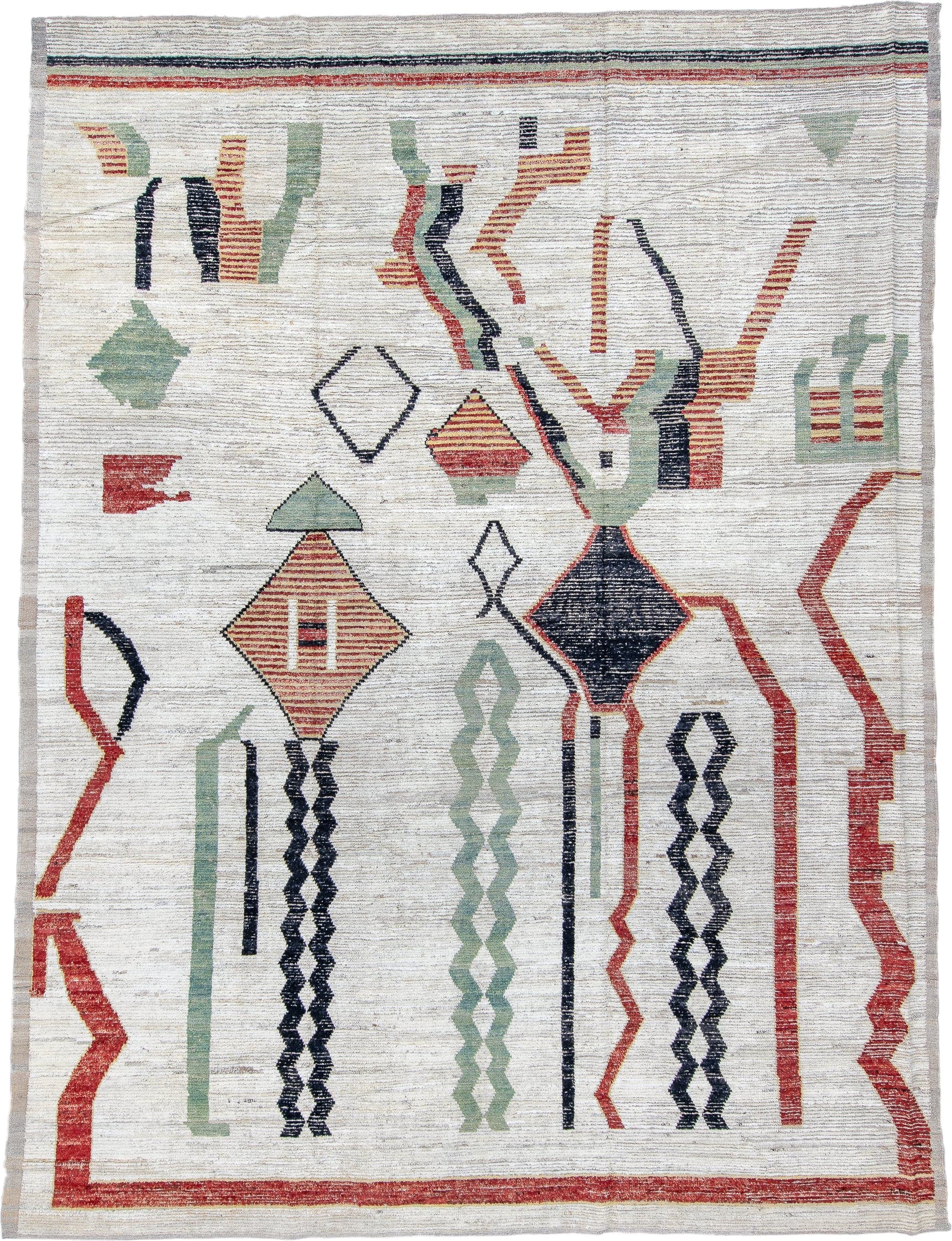 10' x 14' one-of-a-kind handmade vintage Tulu oversize rug. Color palette: ivory, rust, sage, charcoal, taupe, terracotta