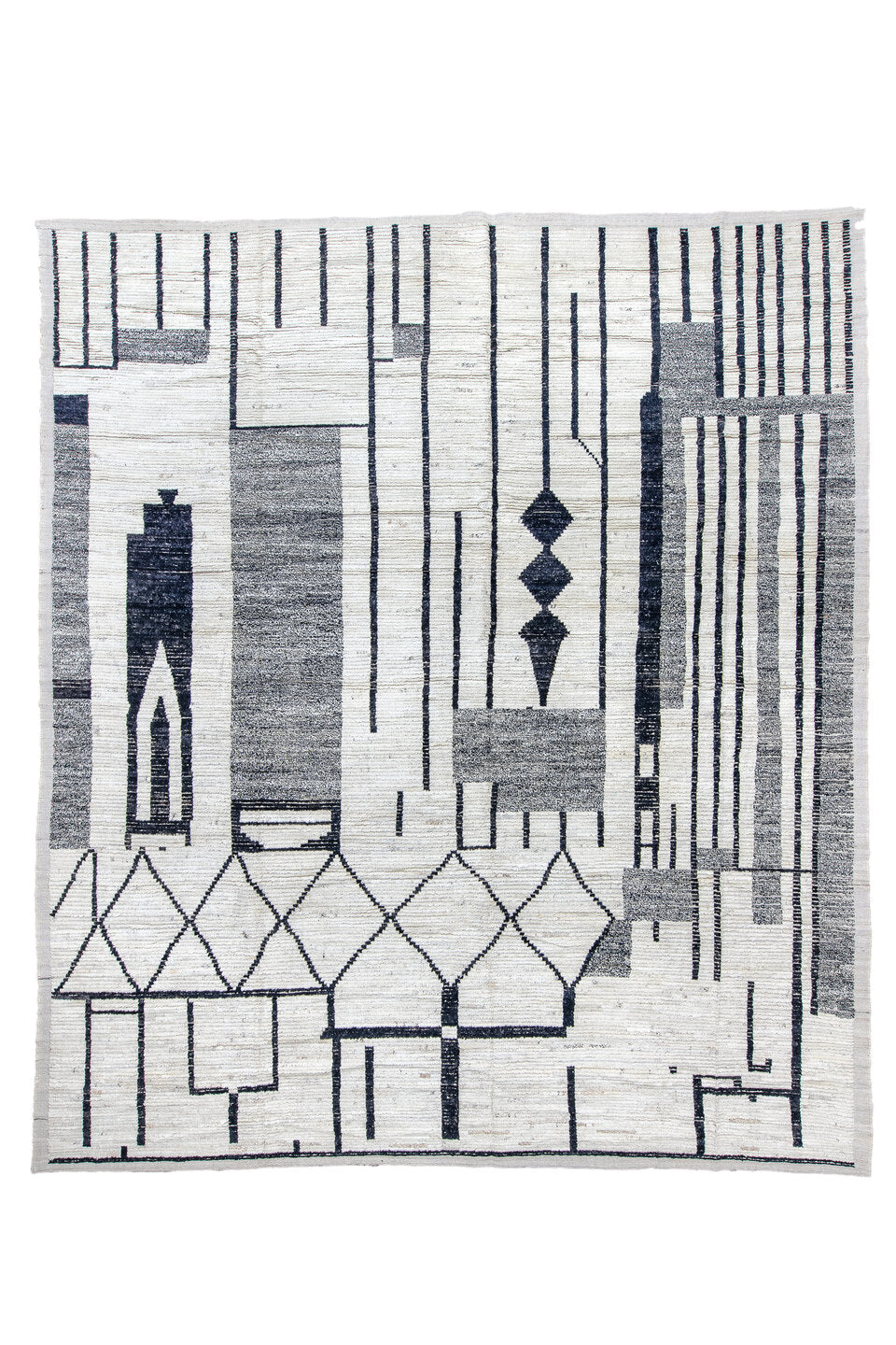 12' x 14' one-of-a-kind handmade vintage Tulu oversize rug. Color palette: blue, dark gray, gainsboro, ghost white, gray