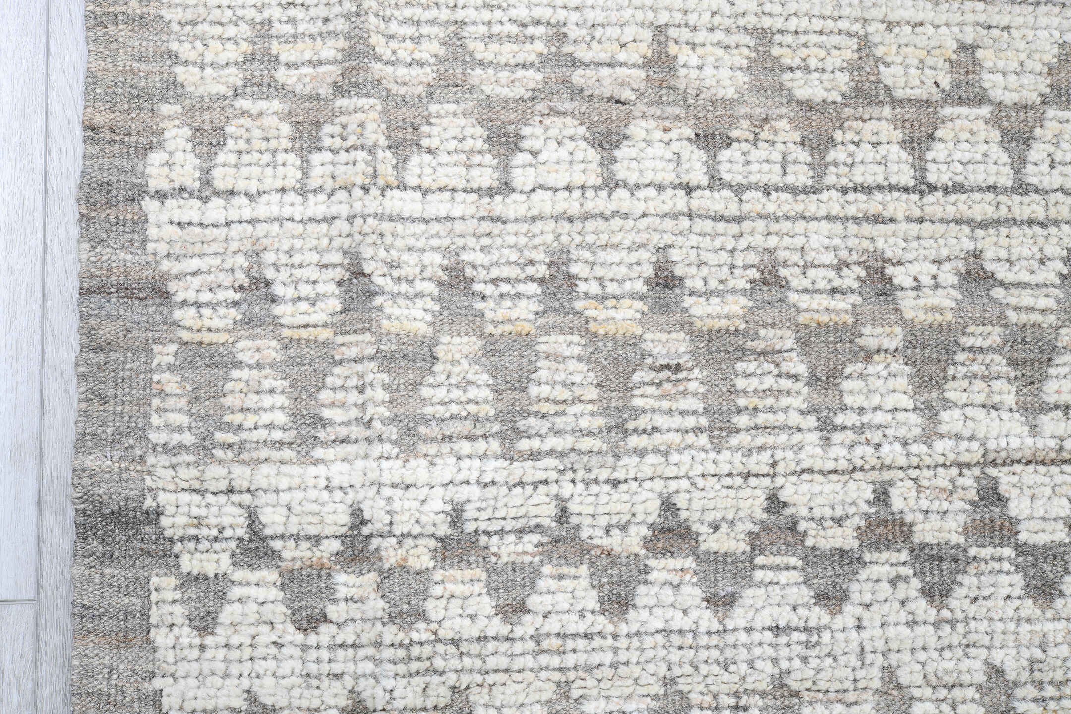 10' x 14' one-of-a-kind handmade vintage Tulu large size rug. Color palette: ivory, gray, taupe, cream, beige