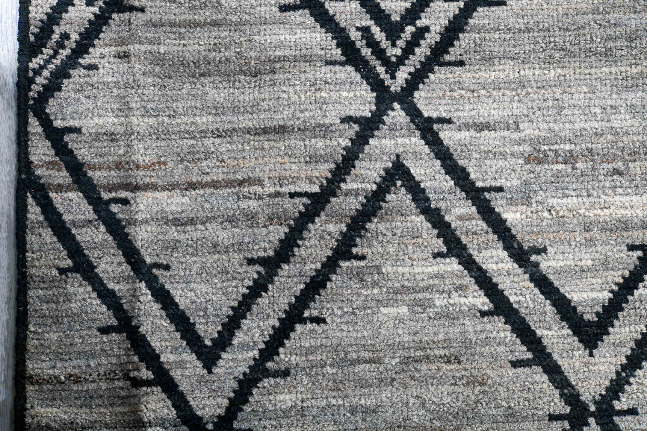 10' x 13' one-of-a-kind handmade vintage Tulu large size rug. Color palette: ivory, charcoal, gray, black