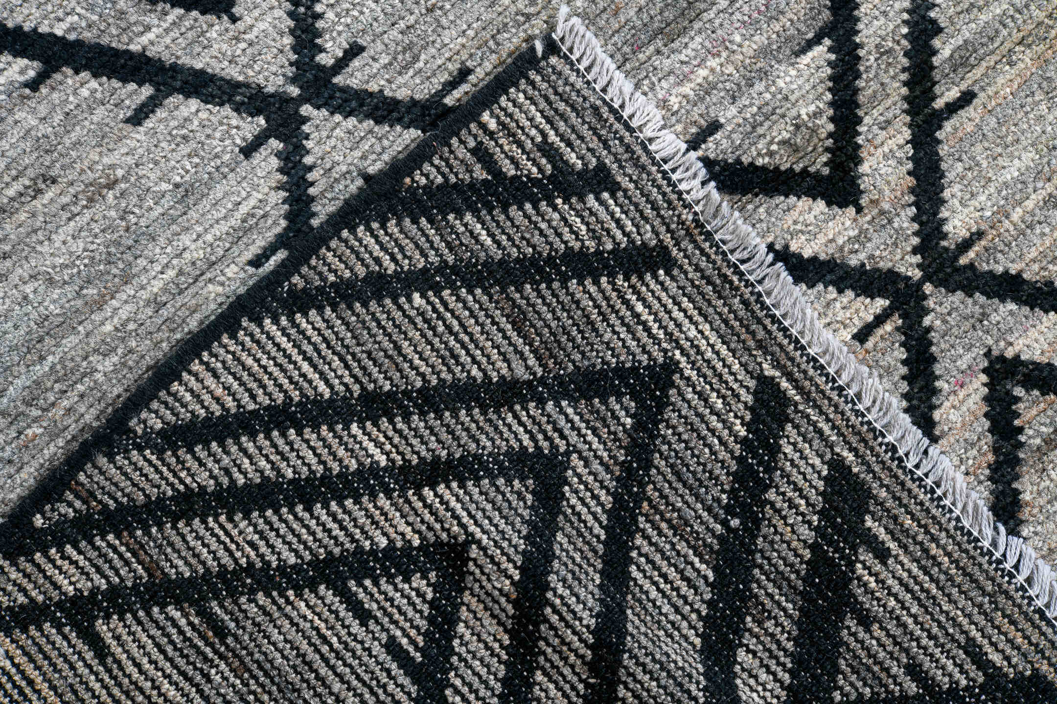 10' x 13' one-of-a-kind handmade vintage Tulu large size rug. Color palette: ivory, charcoal, gray, black