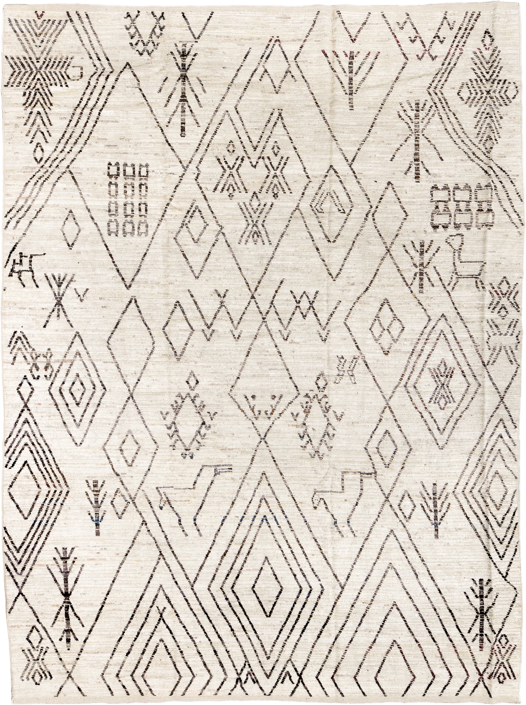 10' x 14' one-of-a-kind handmade vintage Tulu large size rug. Color palette: ivory, charcoal, taupe, brown, camel, gray