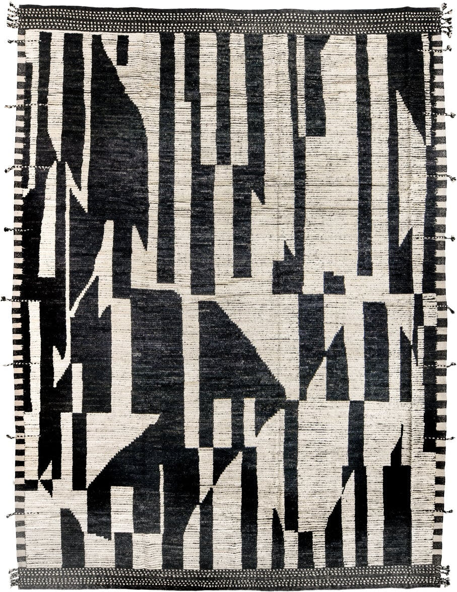 11' x 14' one-of-a-kind handmade vintage Tulu oversize rug. Color palette: ivory, black, charcoal, gray