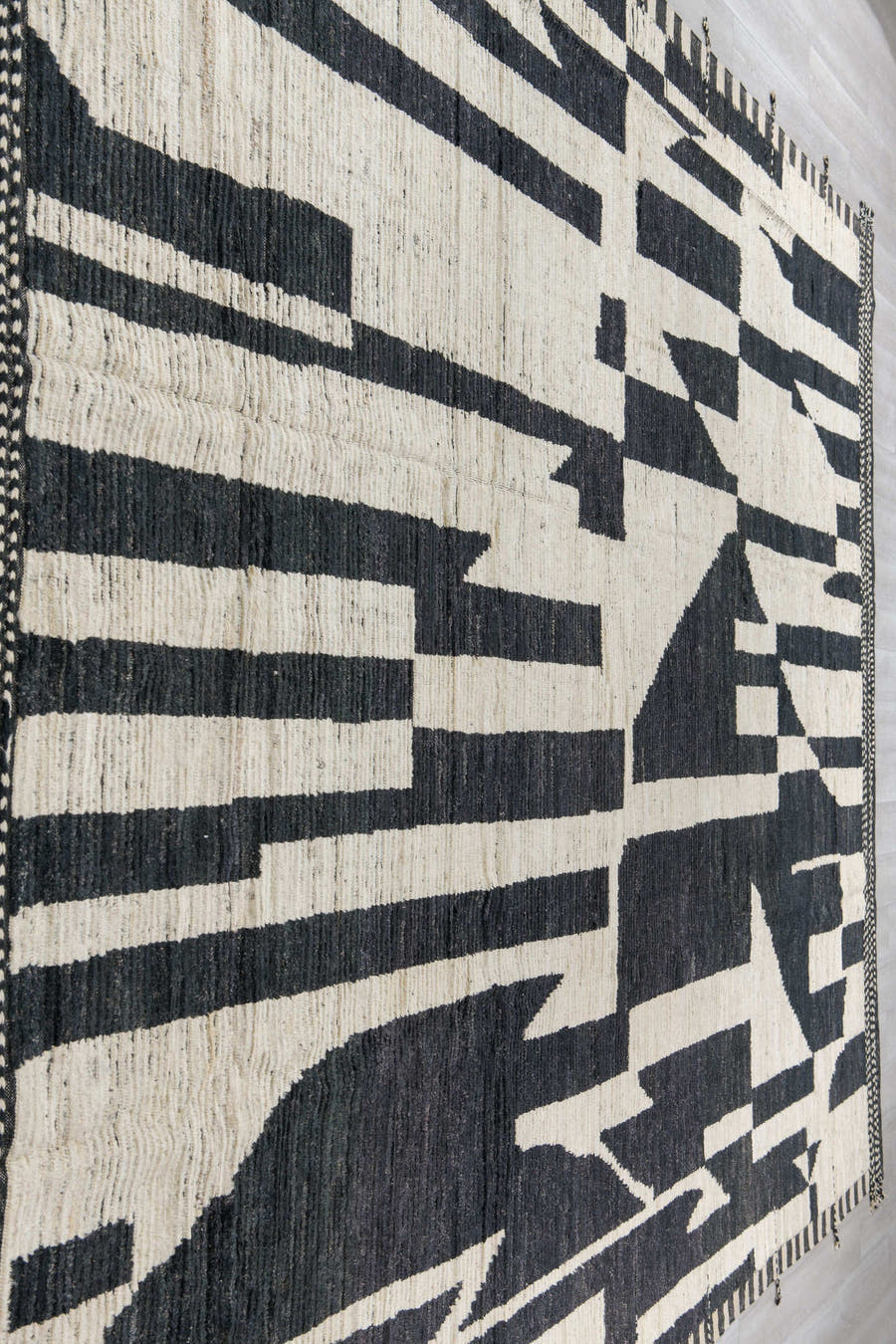 11' x 14' one-of-a-kind handmade vintage Tulu oversize rug. Color palette: ivory, black, charcoal, gray