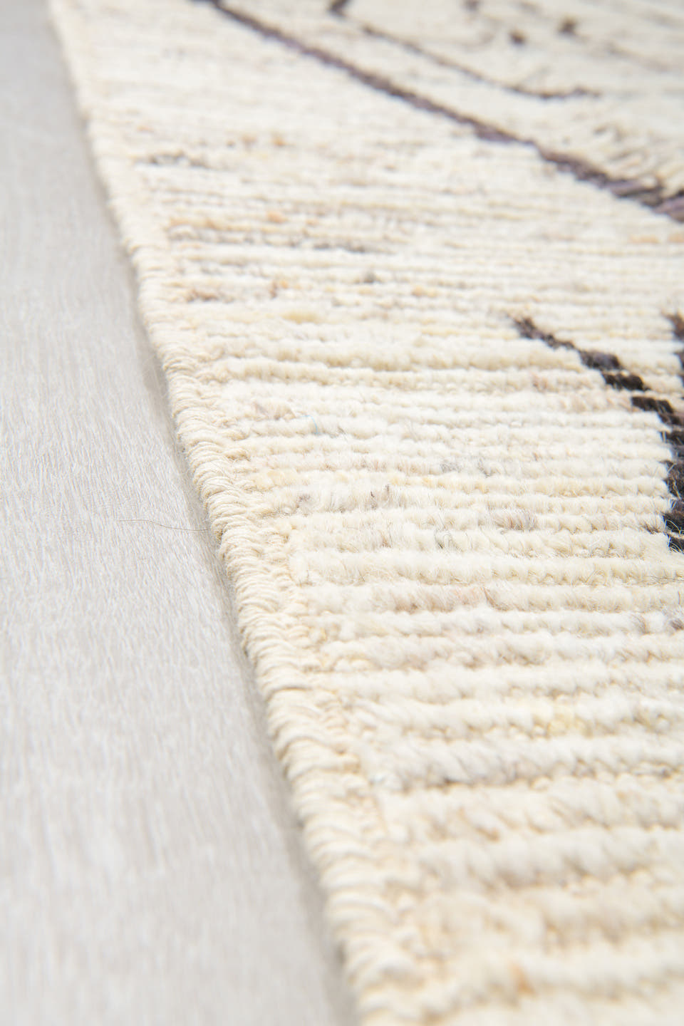 10' x 14' one-of-a-kind handmade vintage Tulu large size rug. Color palette: ivory, cream, charcoal, taupe, brown, black