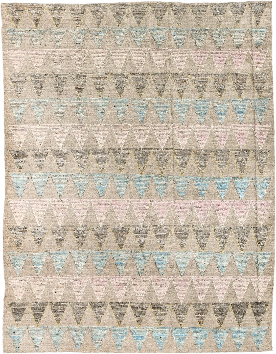 9' x 12' one-of-a-kind handmade vintage Tulu large size rug. Color palette: beige, aqua, charcoal, blush, ivory, pale yellow