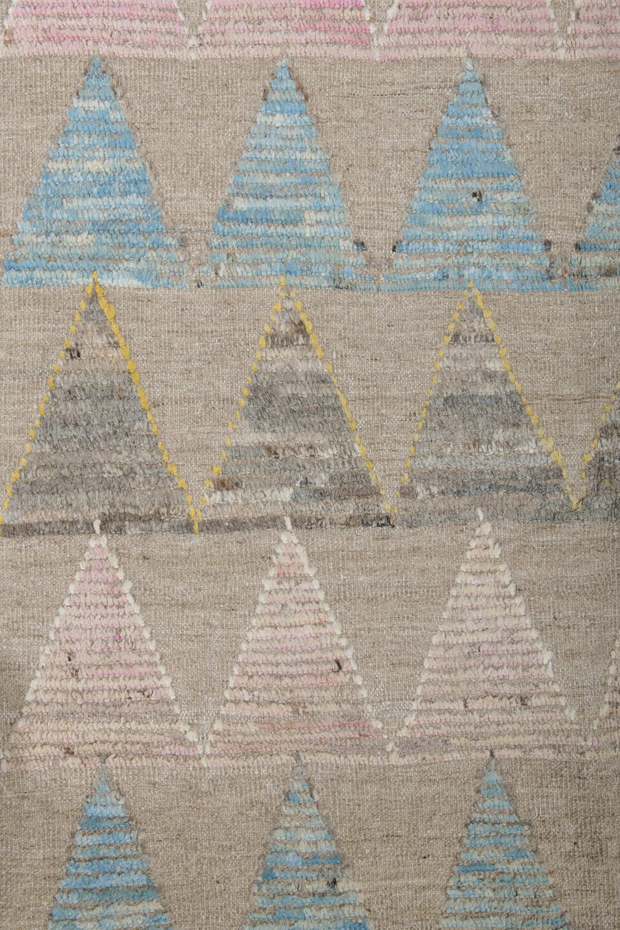 9' x 12' one-of-a-kind handmade vintage Tulu large size rug. Color palette: beige, aqua, charcoal, blush, ivory, pale yellow