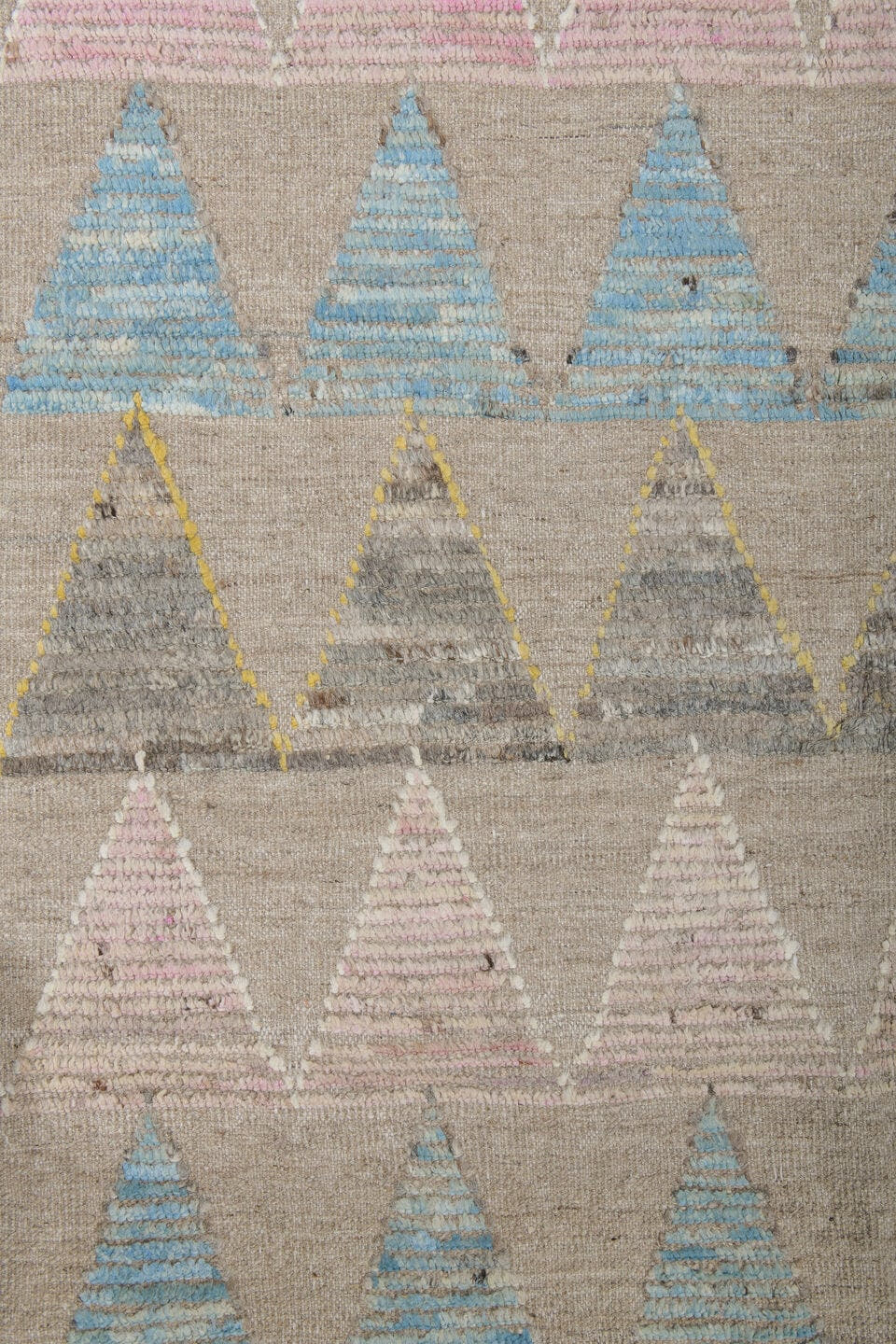 9' x 12' one-of-a-kind handmade vintage Tulu large size rug. Color palette: beige, aqua, charcoal, blush, ivory, pale yellow