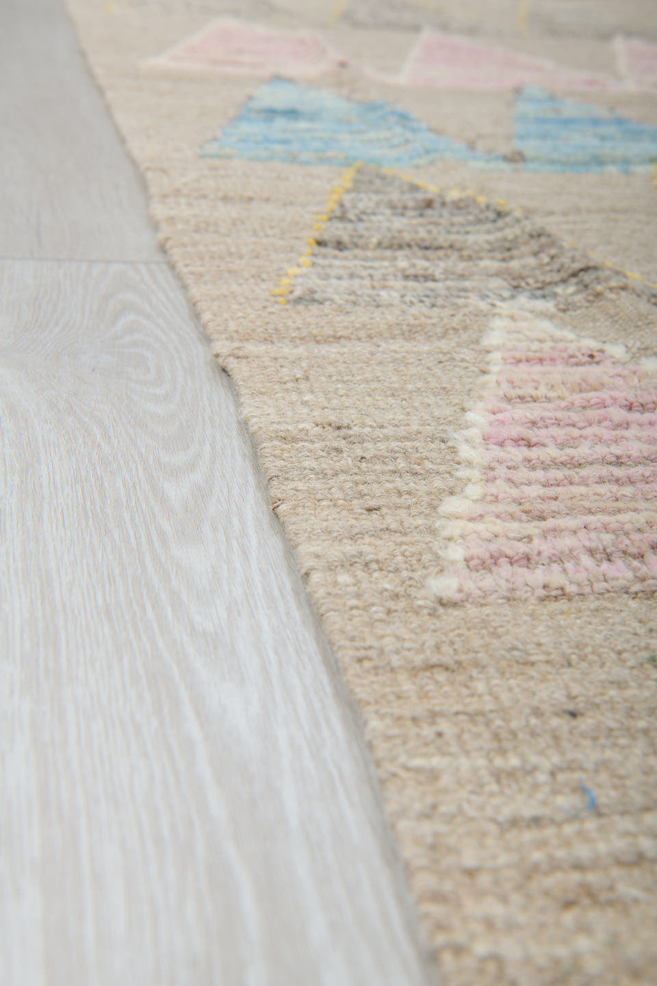 9' x 12' one-of-a-kind handmade vintage Tulu large size rug. Color palette: beige, aqua, charcoal, blush, ivory, pale yellow