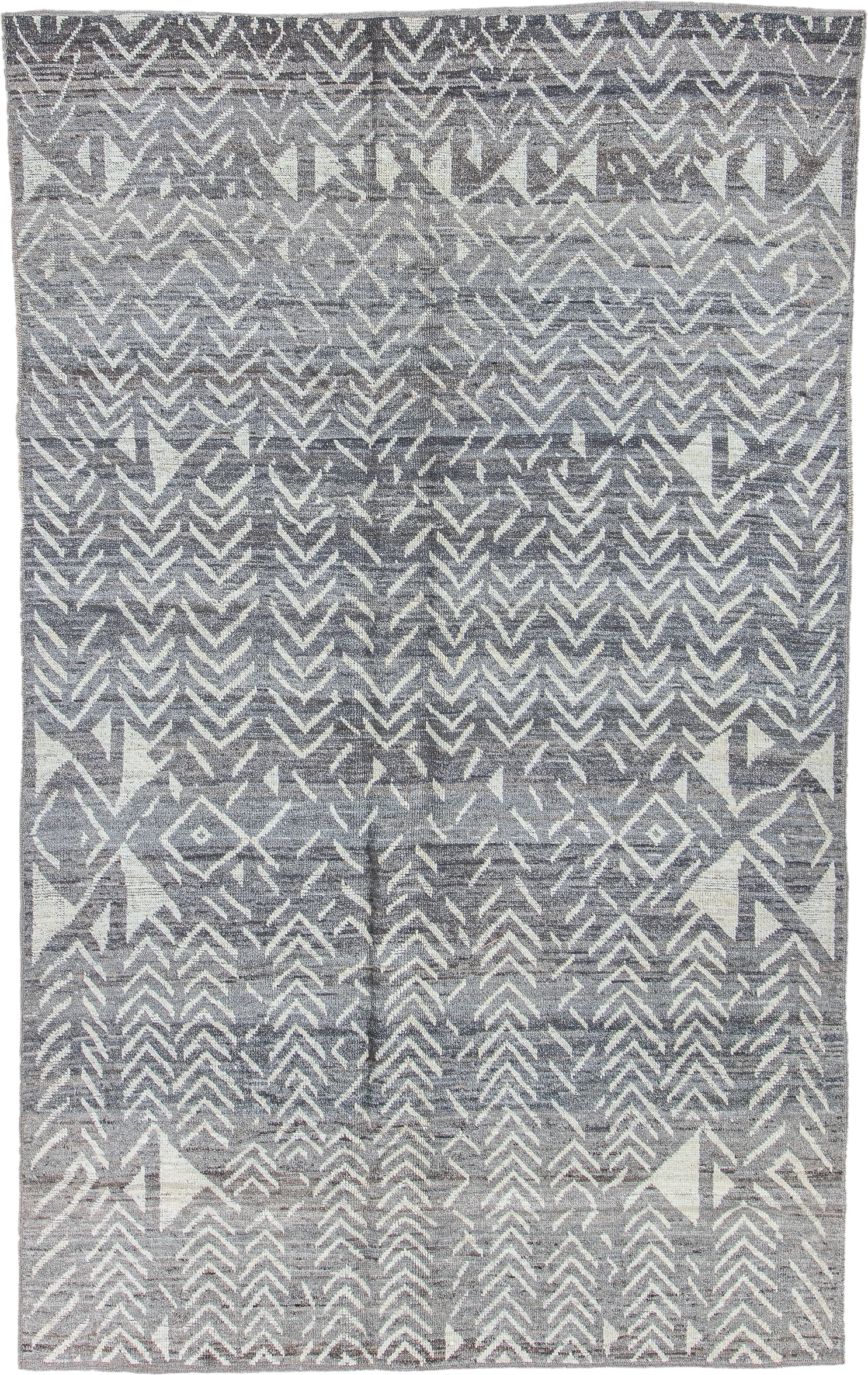 5' x 9' one-of-a-kind handmade vintage Tulu medium size rug. Color palette: gray, ivory, charcoal, taupe, black, beige