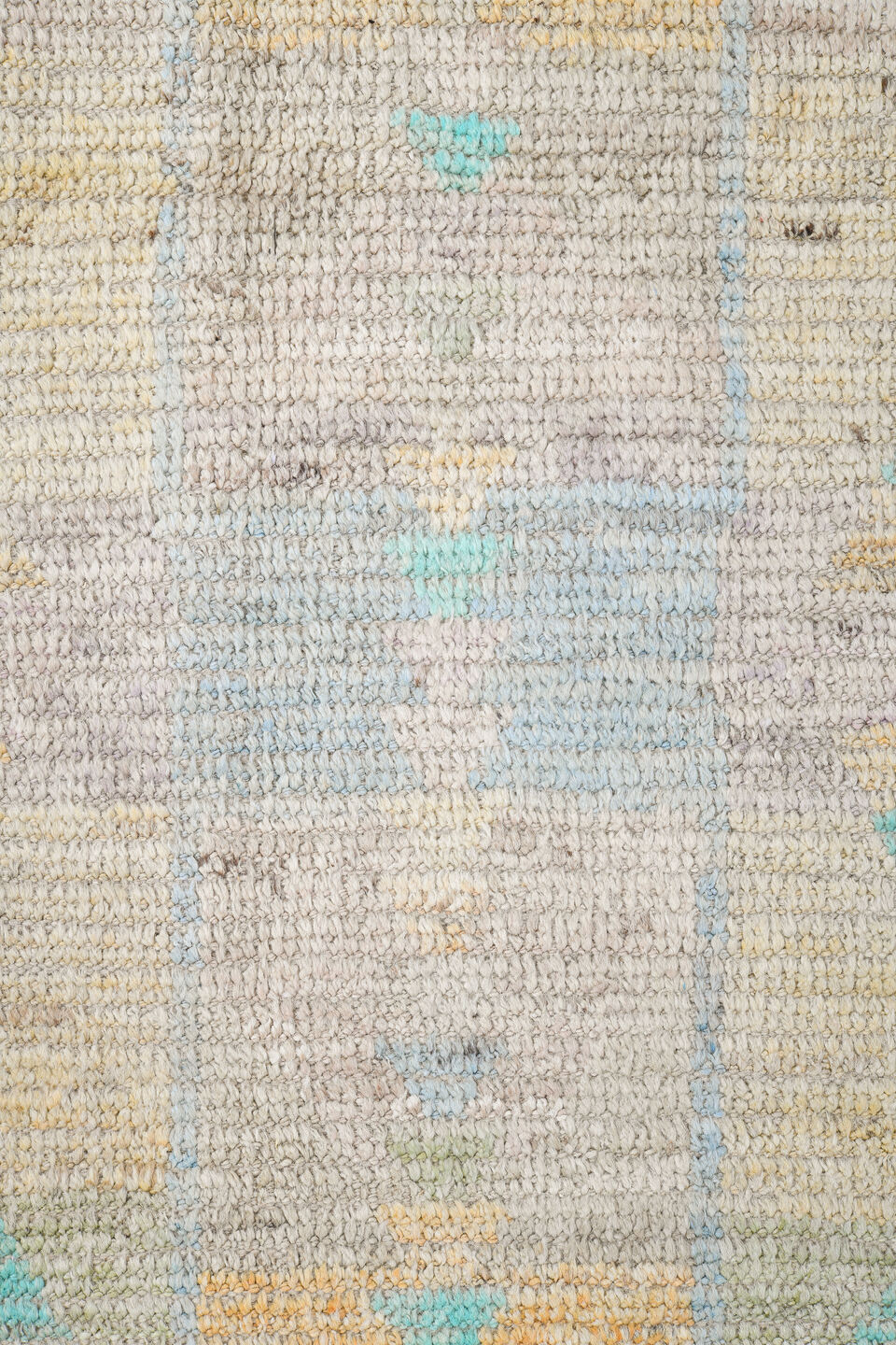 9' x 11' one-of-a-kind handmade vintage Tulu large size rug. Color palette: ivory, aqua, pale blue, cream, blush