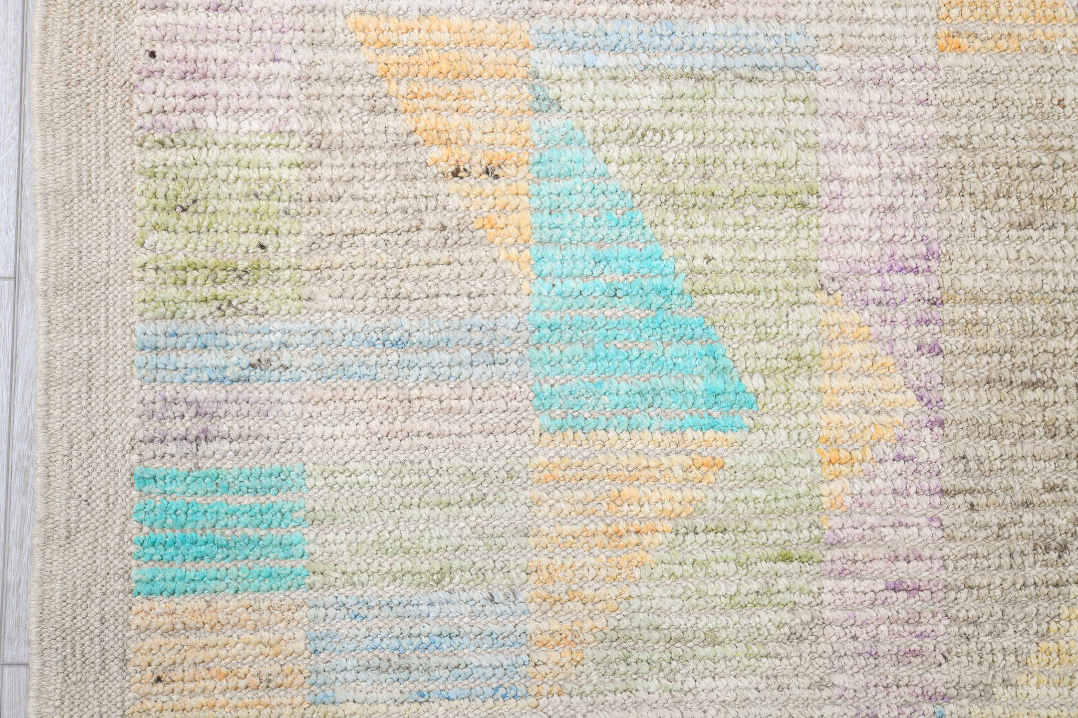 9' x 11' one-of-a-kind handmade vintage Tulu large size rug. Color palette: ivory, aqua, pale blue, cream, blush
