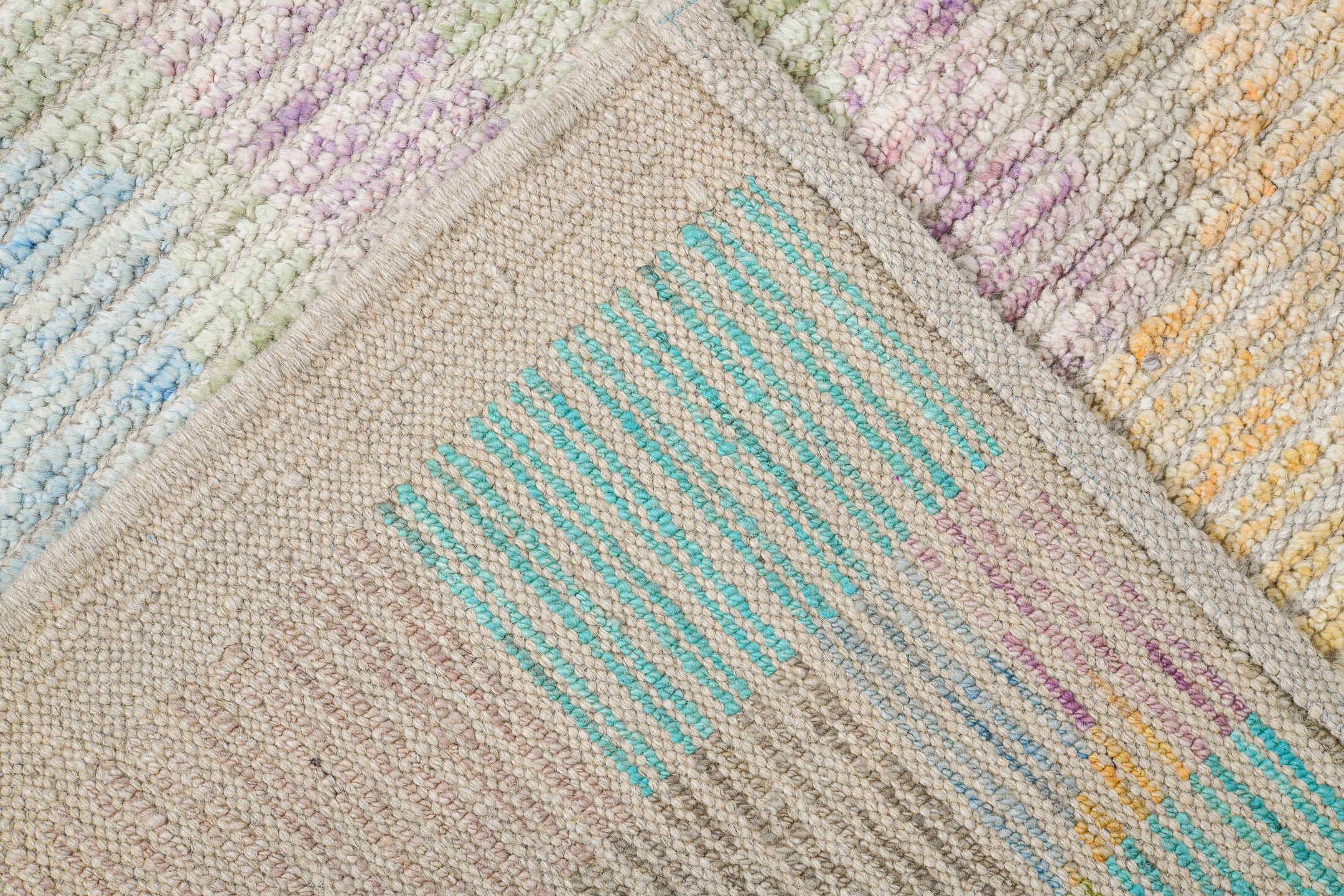 9' x 11' one-of-a-kind handmade vintage Tulu large size rug. Color palette: ivory, aqua, pale blue, cream, blush