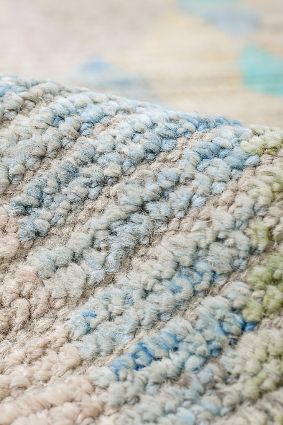 9' x 11' one-of-a-kind handmade vintage Tulu large size rug. Color palette: ivory, aqua, pale blue, cream, blush