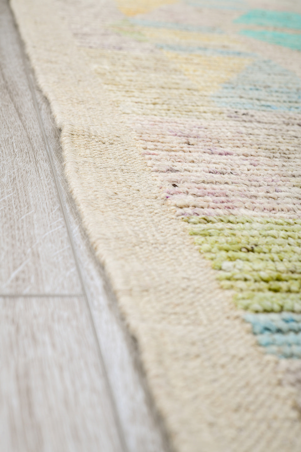 9' x 11' one-of-a-kind handmade vintage Tulu large size rug. Color palette: ivory, aqua, pale blue, cream, blush
