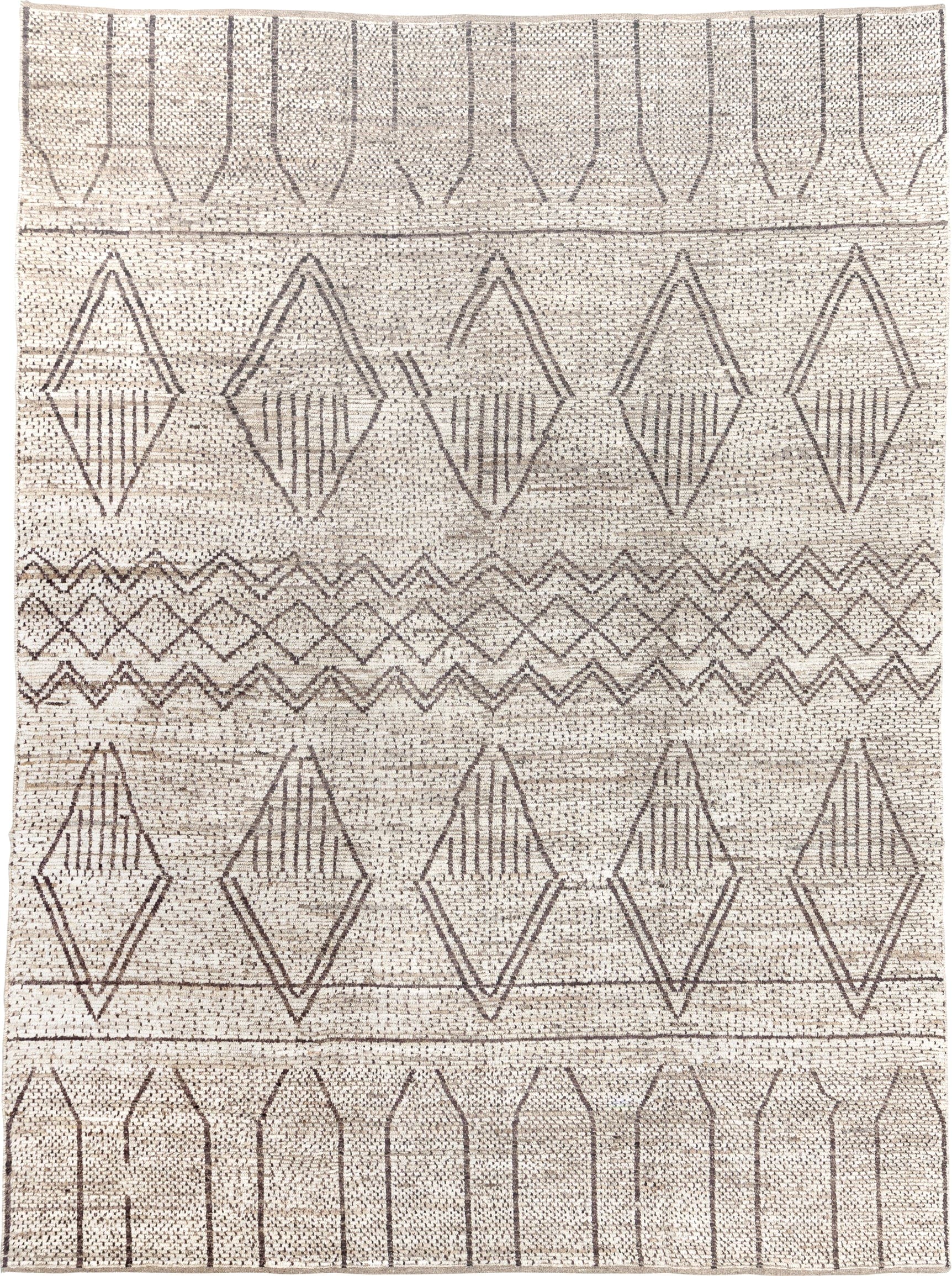 10' x 14' one-of-a-kind handmade vintage Tulu large size rug. Color palette: ivory, brown, taupe, cream, beige, gray