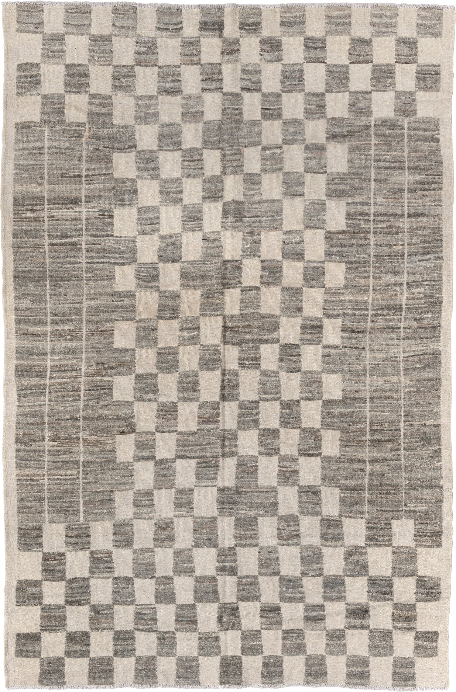 6' x 9' one-of-a-kind handmade vintage Tulu medium size rug. Color palette: ivory, gray, taupe, beige