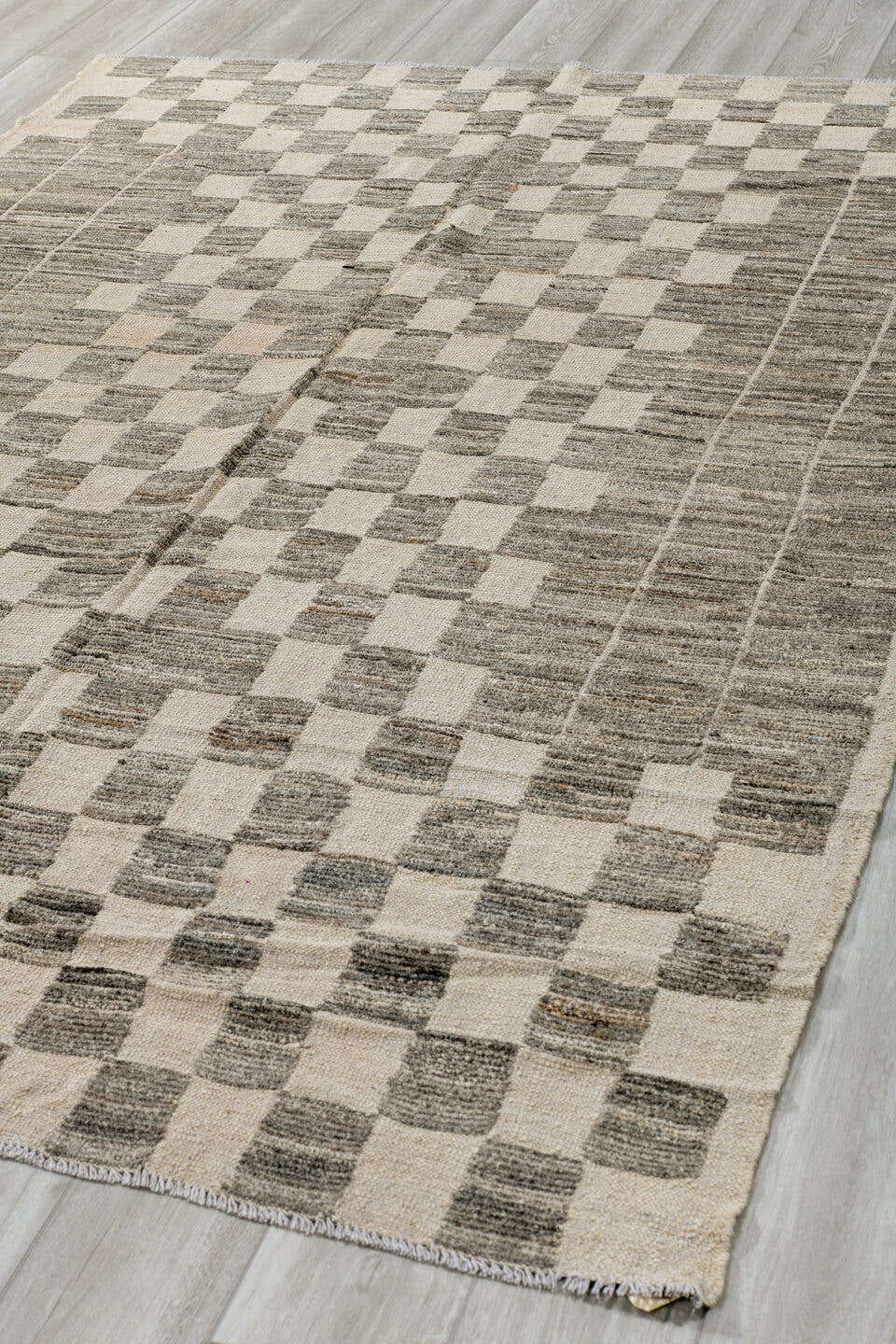 6' x 9' one-of-a-kind handmade vintage Tulu medium size rug. Color palette: ivory, gray, taupe, beige