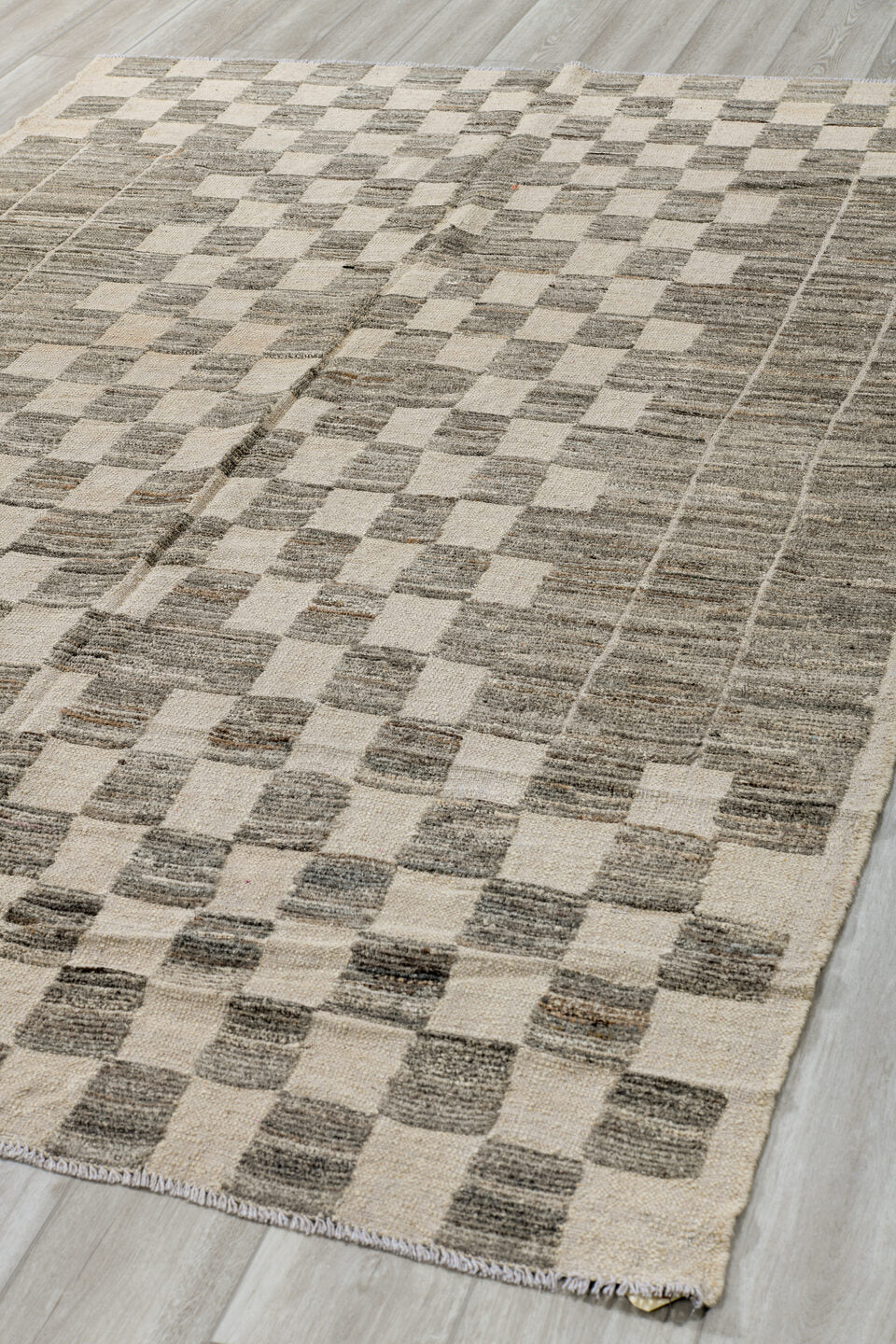 6' x 9' one-of-a-kind handmade vintage Tulu medium size rug. Color palette: ivory, gray, taupe, beige