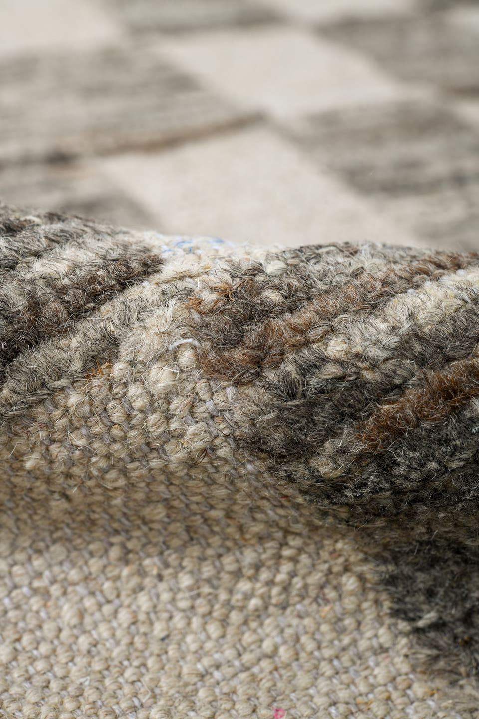 6' x 9' one-of-a-kind handmade vintage Tulu medium size rug. Color palette: ivory, gray, taupe, beige