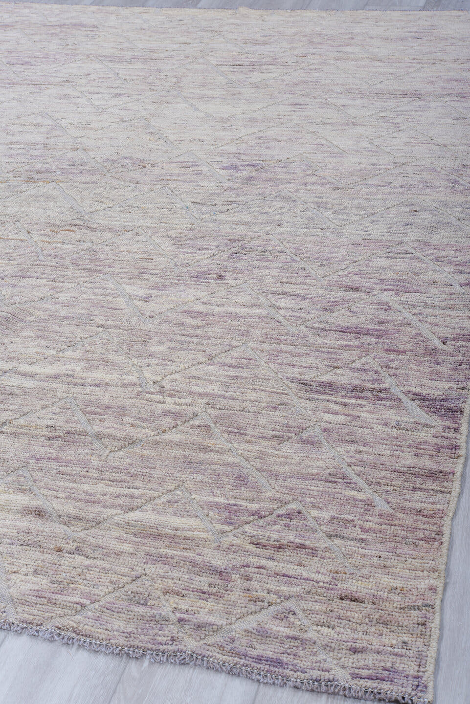 6' x 8' one-of-a-kind handmade vintage Tulu medium size rug. Color palette: ivory, taupe, lavender, gray, beige, light gray