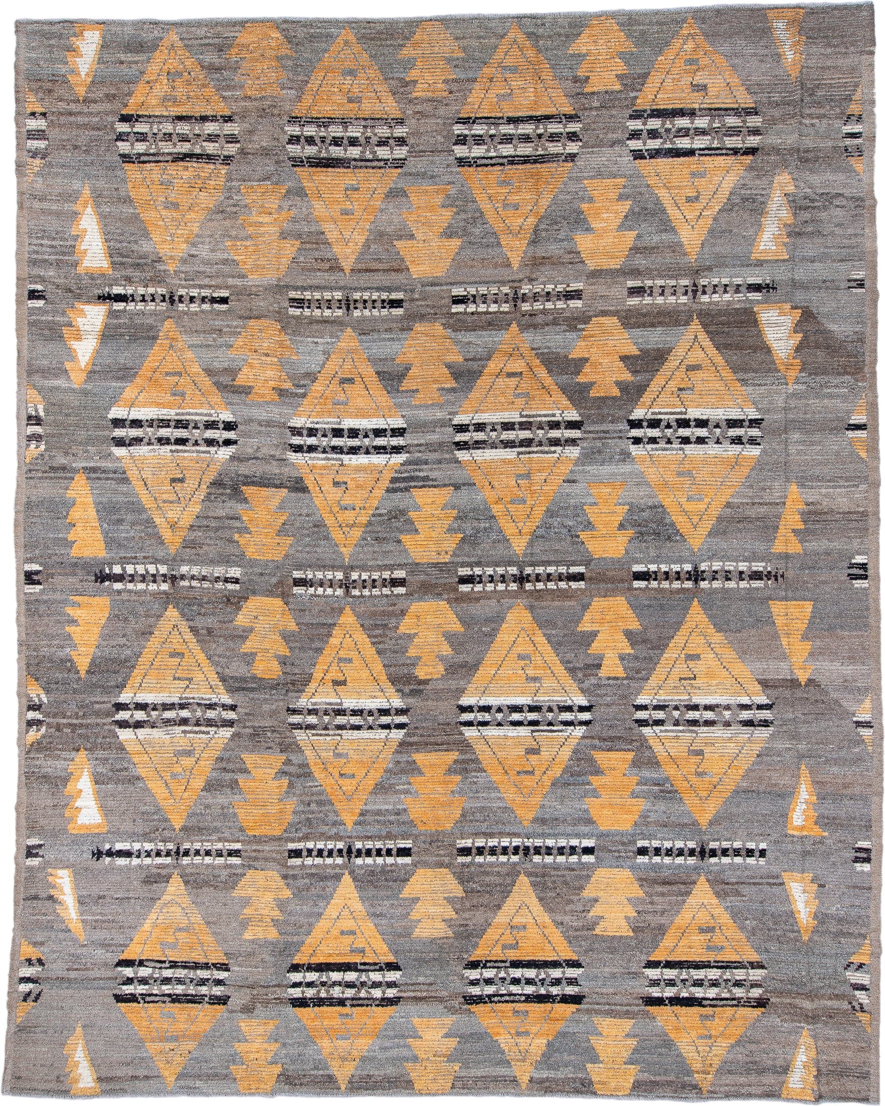11' x 14' one-of-a-kind handmade vintage Tulu oversize rug. Color palette: gray, gold, ivory, charcoal, taupe, black, beige