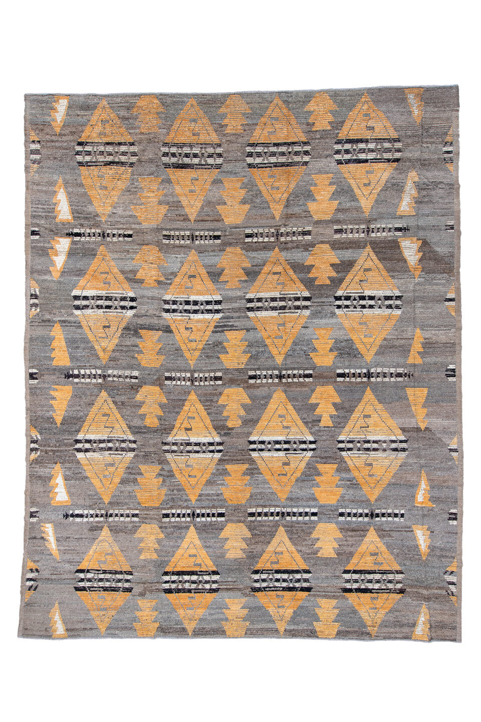 11' x 14' one-of-a-kind handmade vintage Tulu oversize rug. Color palette: black, blue, brown, burlywood, charcoal