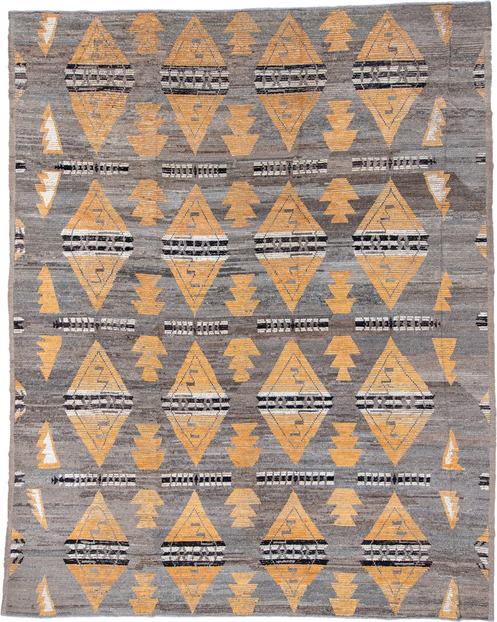 11' x 14' one-of-a-kind handmade vintage Tulu oversize rug. Color palette: gray, gold, ivory, charcoal, taupe, black, beige