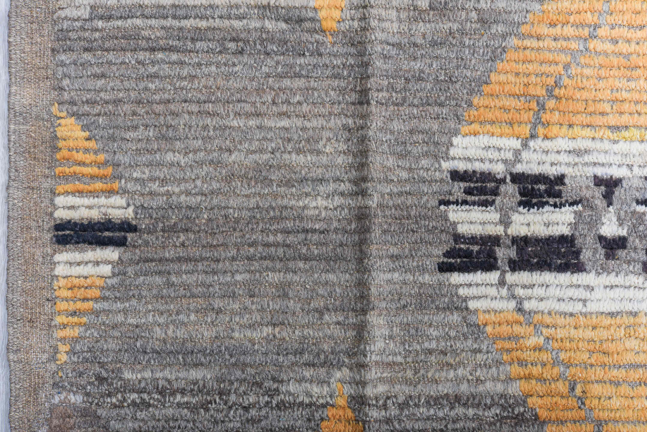 11' x 14' one-of-a-kind handmade vintage Tulu oversize rug. Color palette: gray, gold, ivory, charcoal, taupe, black, beige