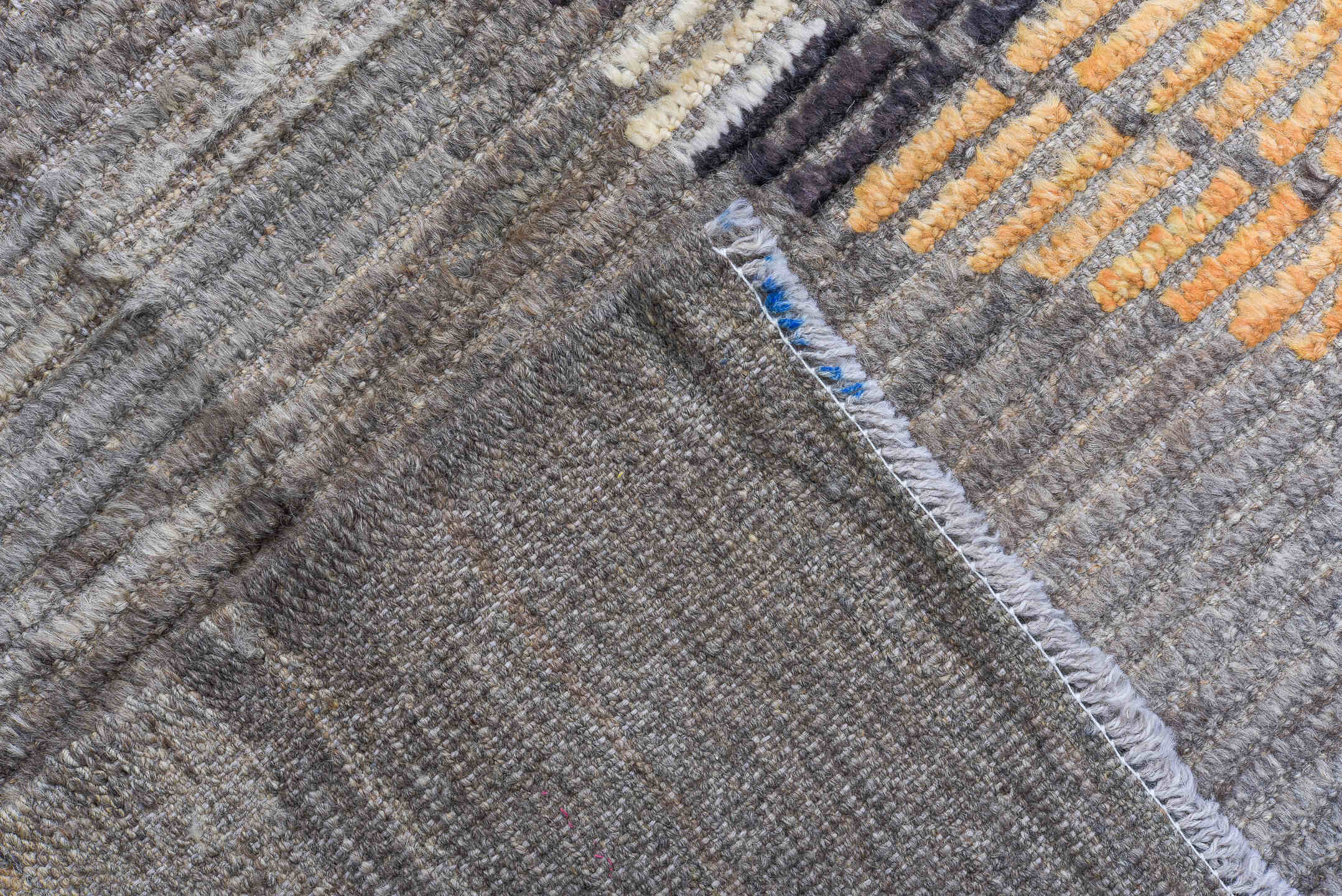 11' x 14' one-of-a-kind handmade vintage Tulu oversize rug. Color palette: gray, gold, ivory, charcoal, taupe, black, beige