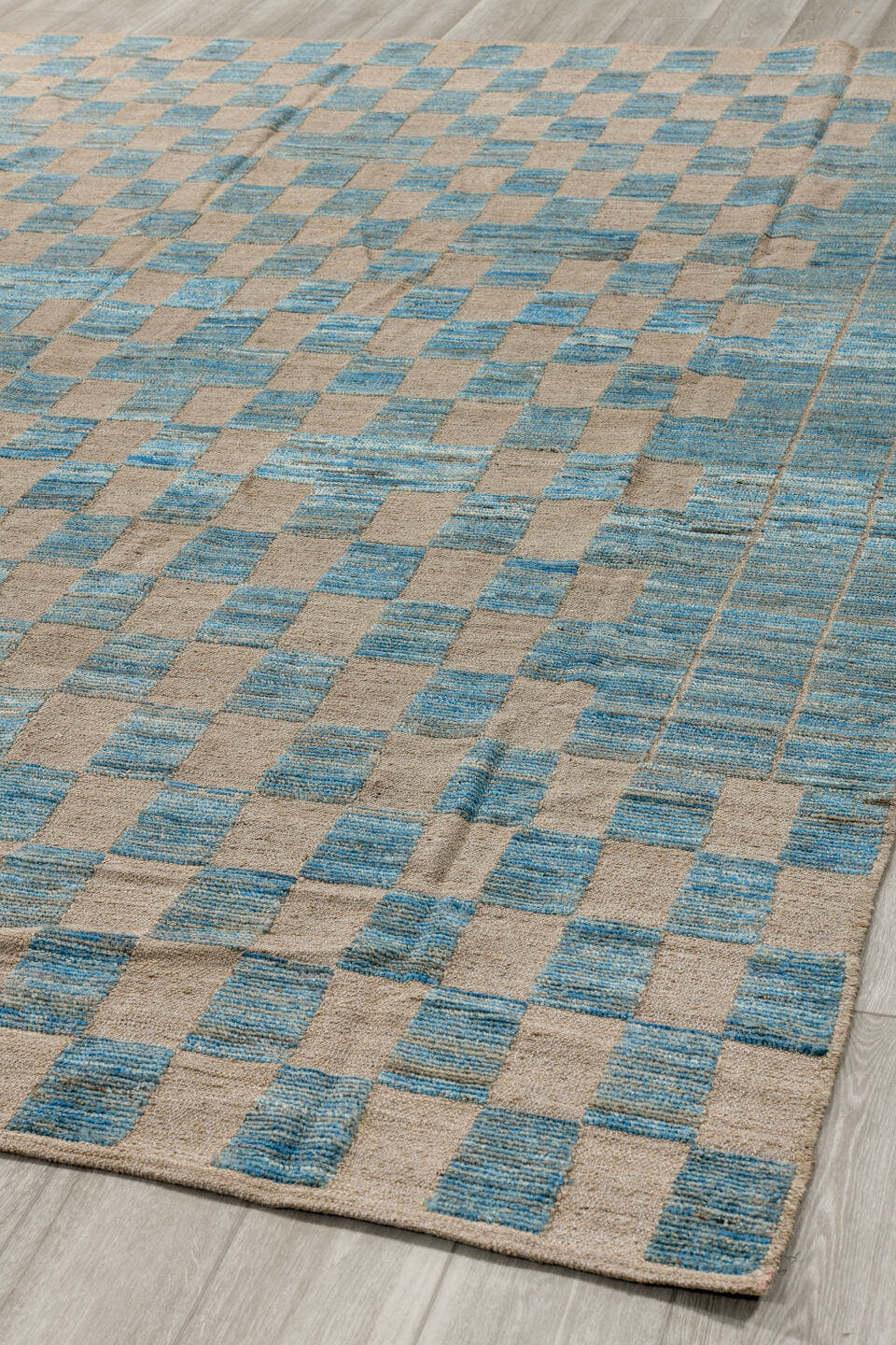 8' x 11' one-of-a-kind handmade vintage Tulu large size rug. Color palette: sky blue, ivory, cream, taupe, light blue, beige