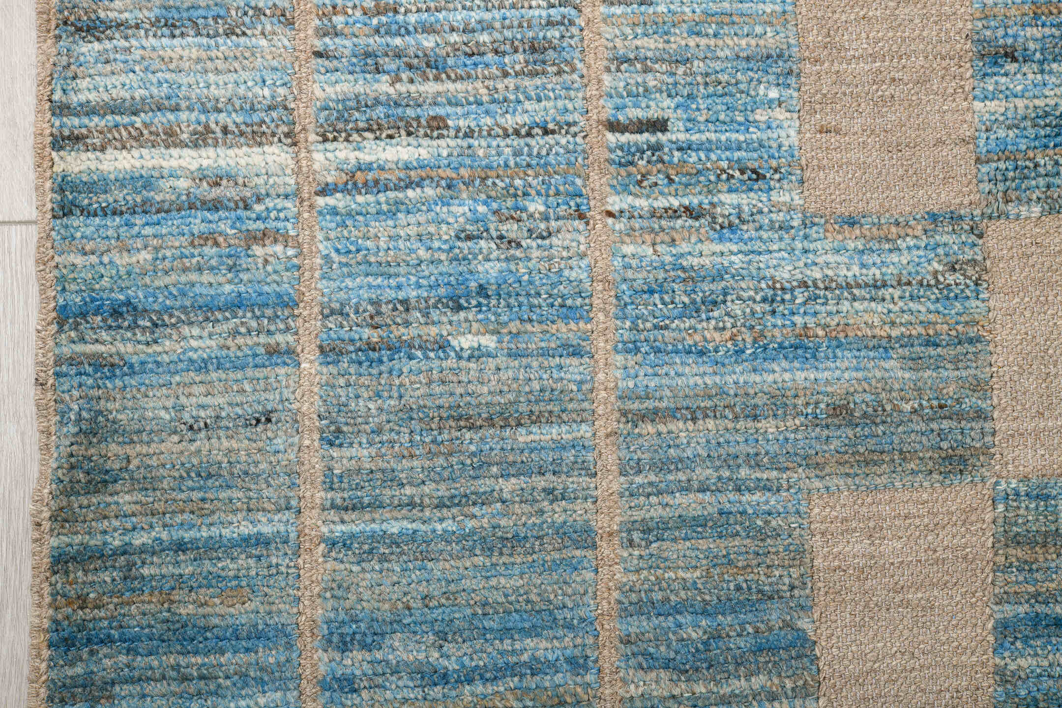 8' x 11' one-of-a-kind handmade vintage Tulu large size rug. Color palette: sky blue, ivory, cream, taupe, light blue, beige