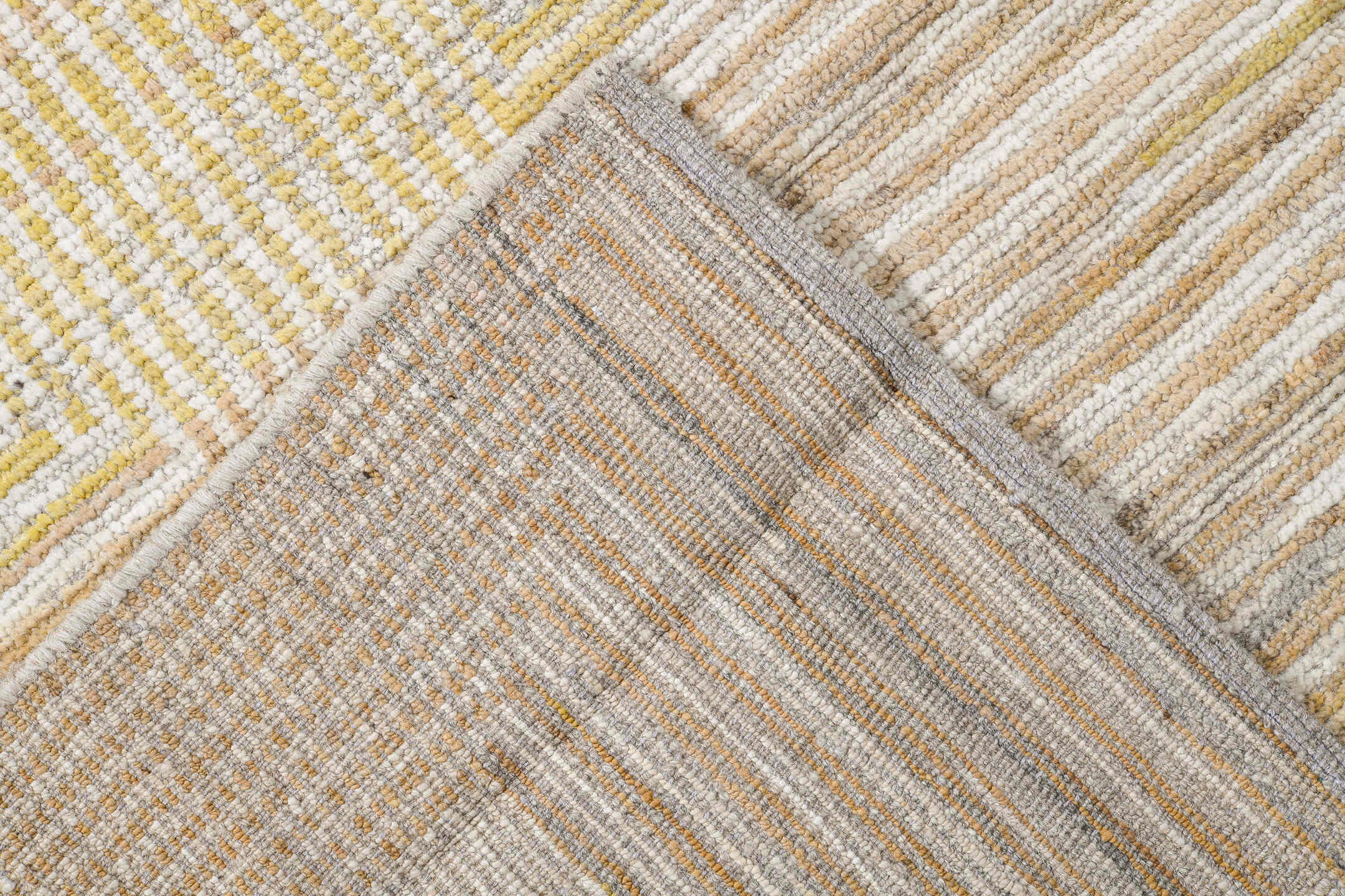 10' x 13' one-of-a-kind handmade vintage Tulu large size rug. Color palette: ivory, pale gold, cream, beige, camel, gold