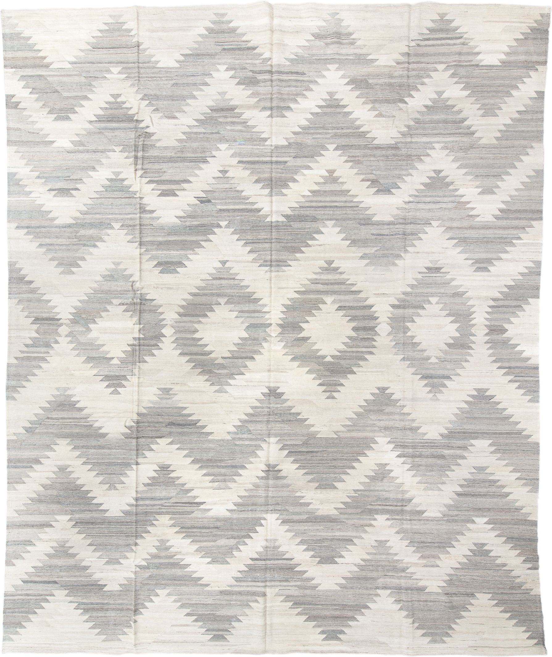 3' x 9' one-of-a-kind handmade vintage Kilim runner rug. Color palette: ivory, pale gray, cream, taupe, light gray, beige