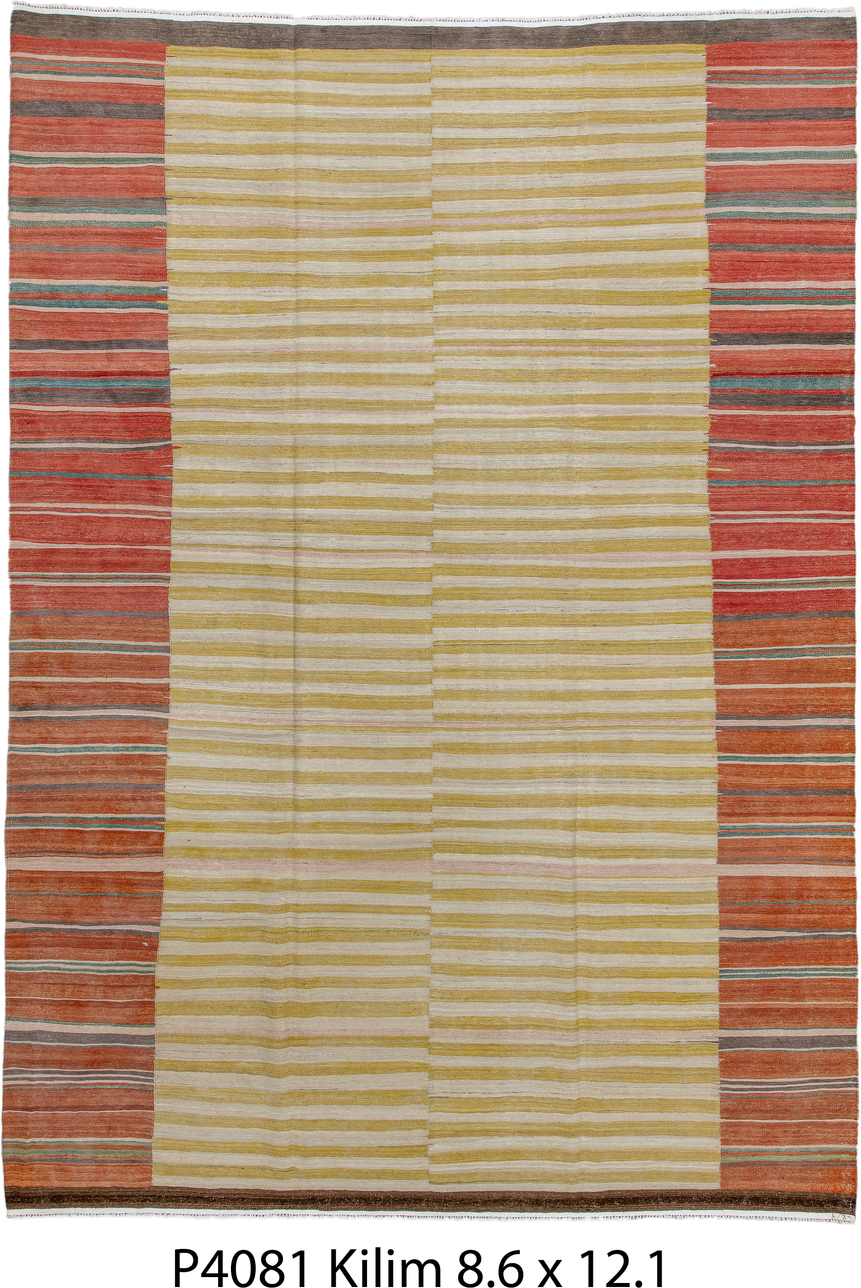 12' x 14' one-of-a-kind handmade vintage Kilim oversize rug. Color palette: ivory, gold, rust, terra cotta, charcoal, teal
