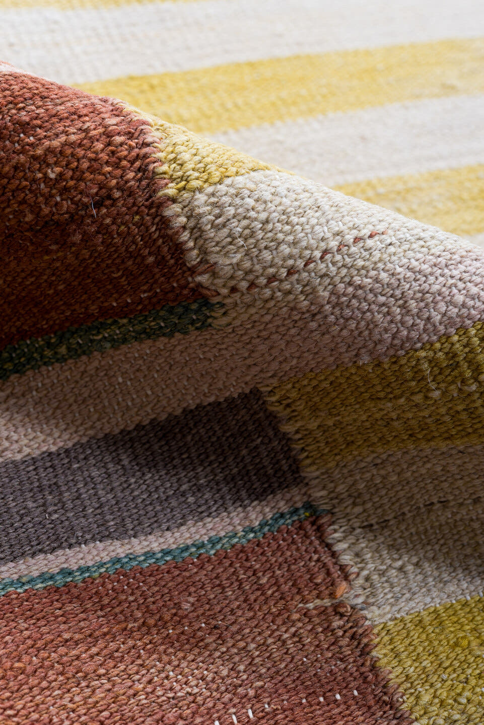 12' x 14' one-of-a-kind handmade vintage Kilim oversize rug. Color palette: ivory, gold, rust, terra cotta, charcoal, teal