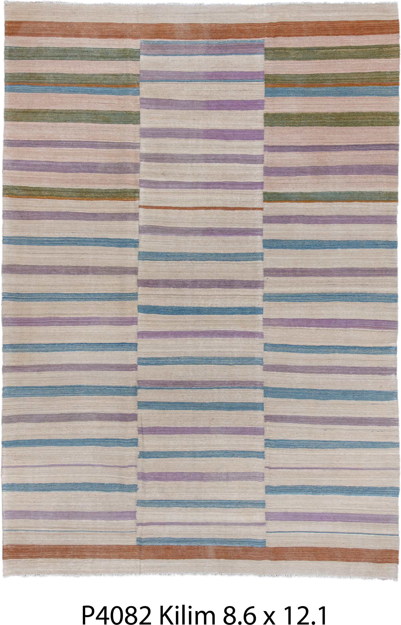 8' x 11' one-of-a-kind handmade vintage Kilim large size rug. Color palette: ivory, lavender, sky_blue, olive, blush, rust