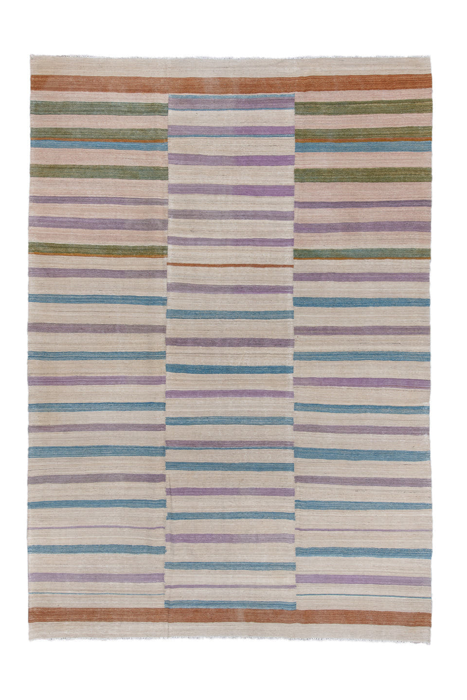 8' x 11' one-of-a-kind handmade vintage Kilim large size rug. Color palette: ivory, lavender, sky blue, olive, blush, rust