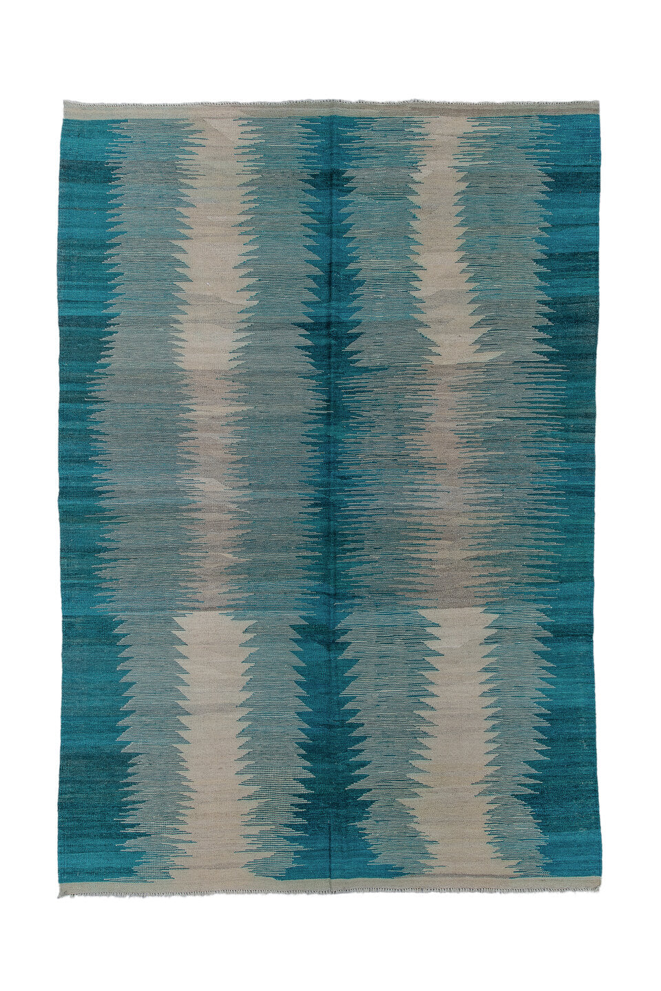 8' x 11' one-of-a-kind handmade vintage Kilim large size rug. Color palette: teal, ivory, aqua, turquoise, slate, gray
