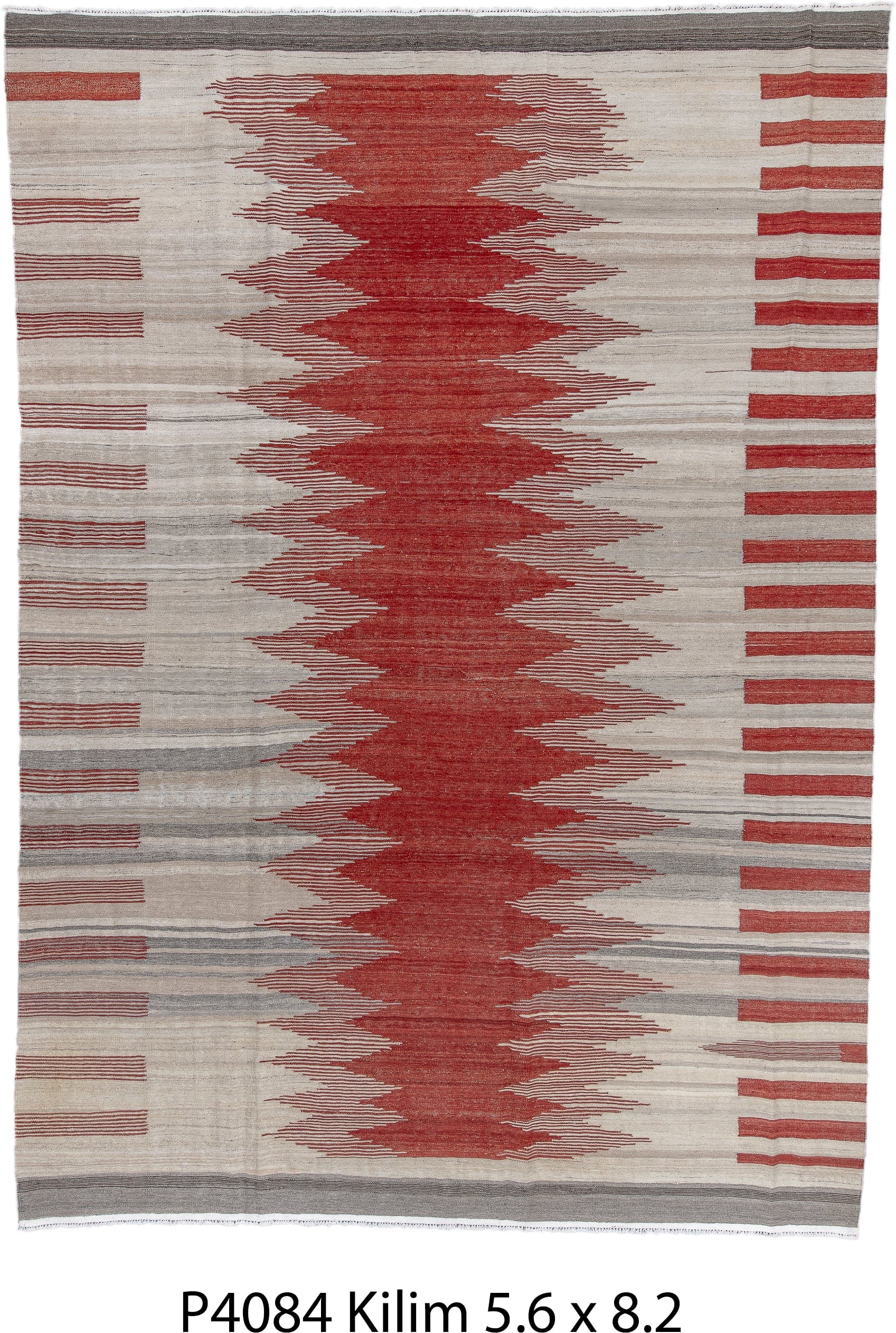 8' x 12' one-of-a-kind handmade vintage Kilim large size rug. Color palette: ivory, terra cotta, taupe, gray, charcoal
