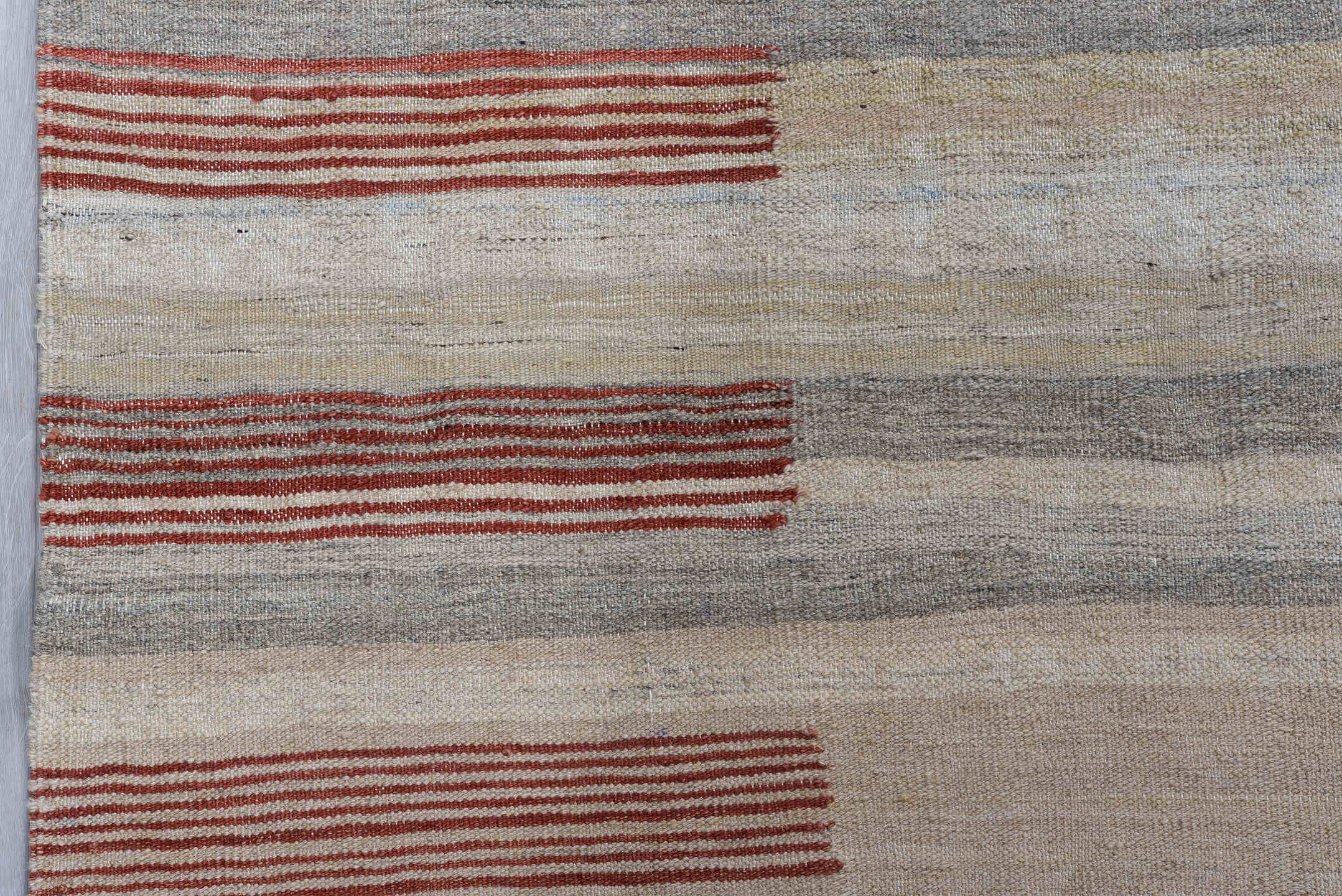 8' x 12' one-of-a-kind handmade vintage Kilim large size rug. Color palette: ivory, terra cotta, taupe, gray, charcoal