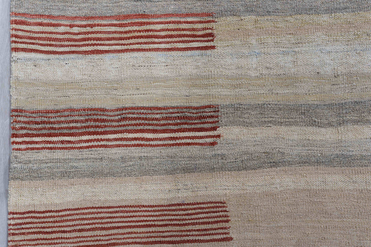 8' x 12' one-of-a-kind handmade vintage Kilim large size rug. Color palette: ivory, terra cotta, taupe, gray, charcoal