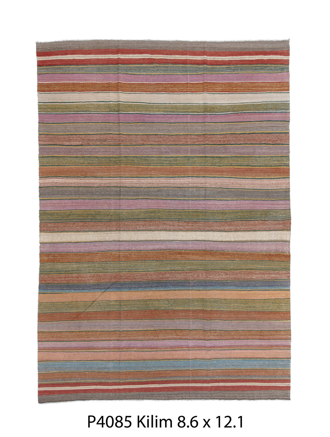 8' x 12' one-of-a-kind handmade vintage Kilim large size rug. Color palette: black, blue, brown, gray, light blue