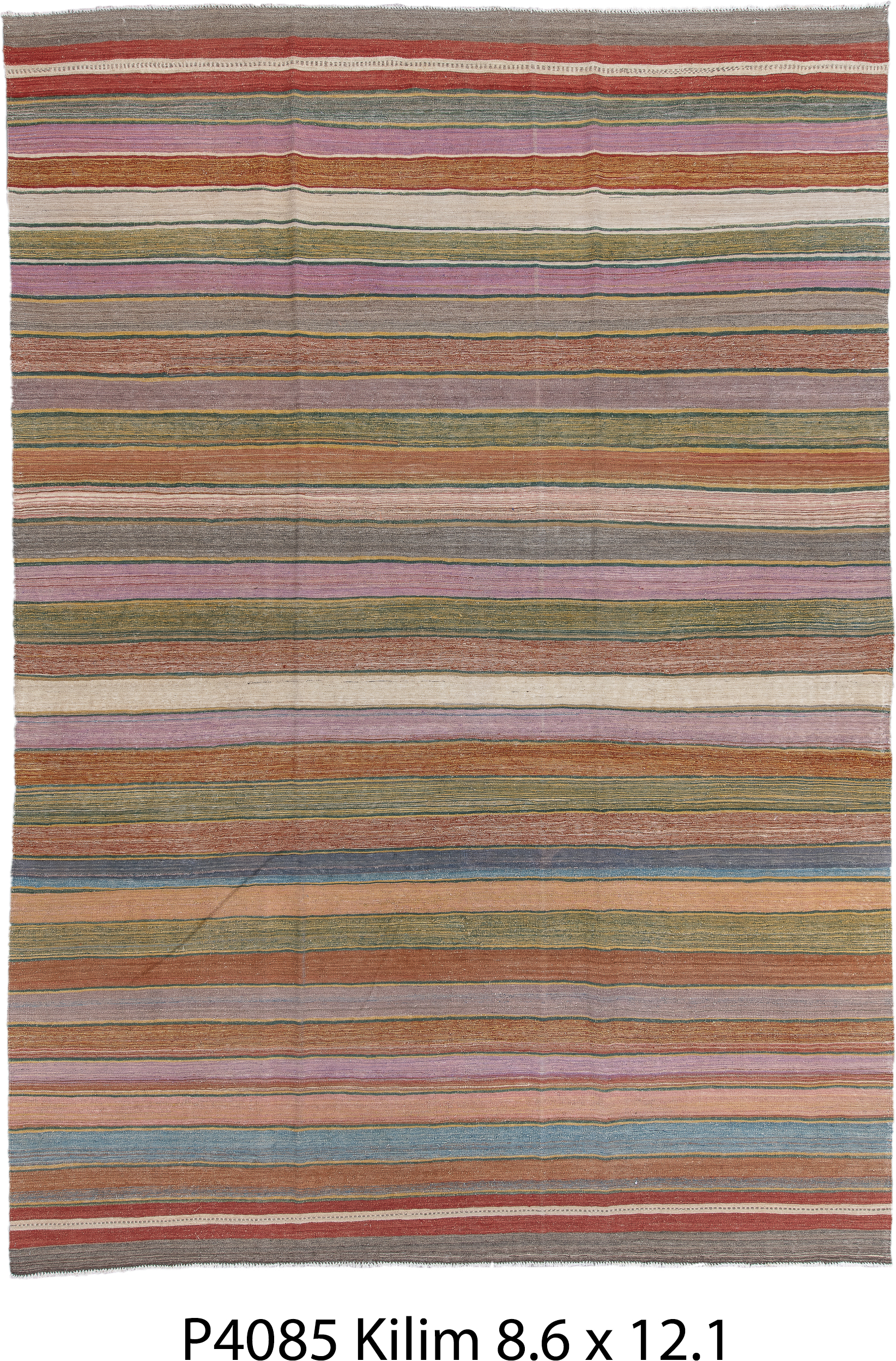 8' x 12' one-of-a-kind handmade vintage Kilim large size rug. Color palette: rose, rust, sage, ivory, taupe, slate