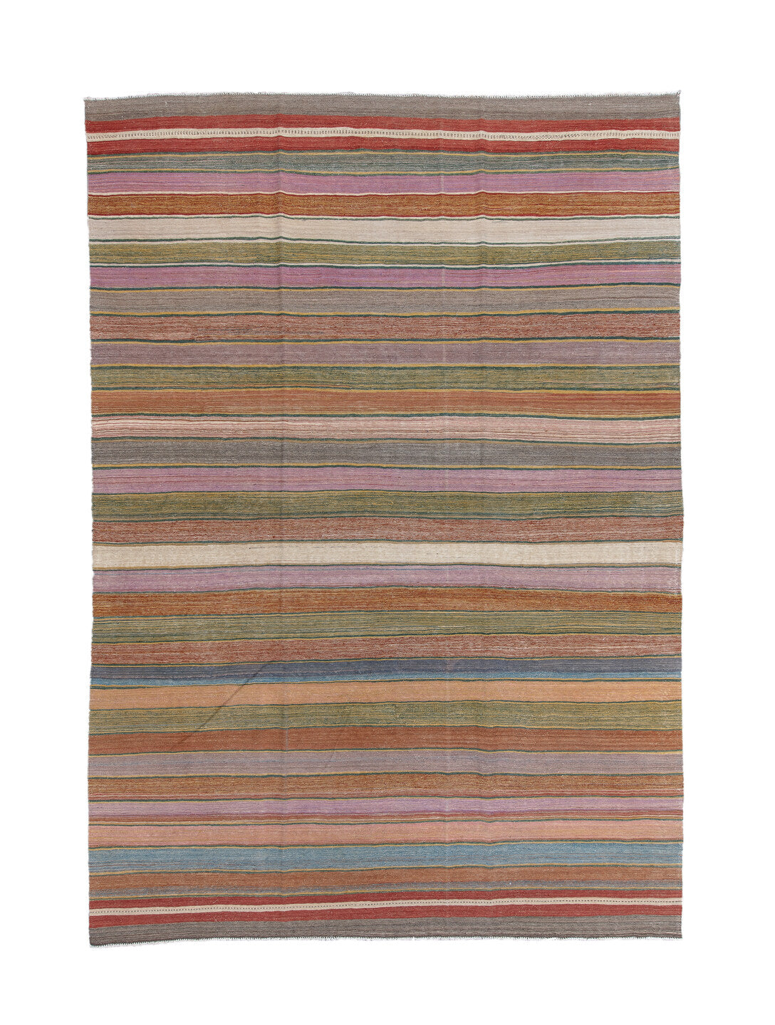 8' x 12' one-of-a-kind handmade vintage Kilim large size rug. Color palette: rose, rust, sage, ivory, taupe, slate