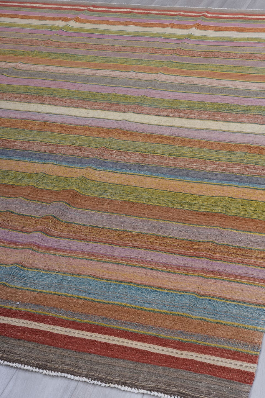 8' x 12' one-of-a-kind handmade vintage Kilim large size rug. Color palette: rose, rust, sage, ivory, taupe, slate