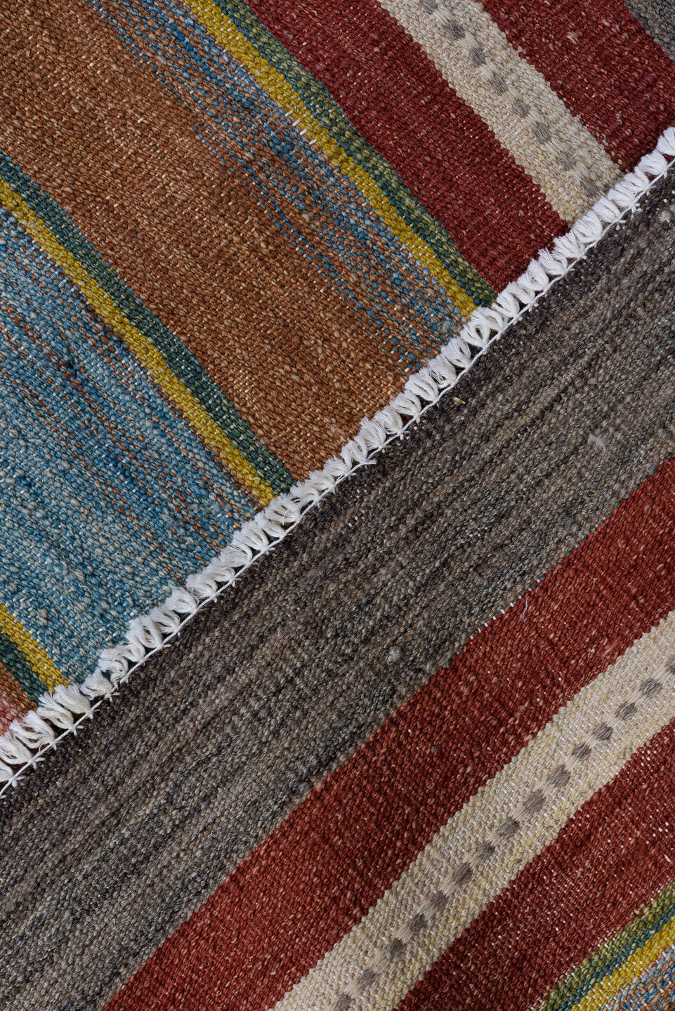 8' x 12' one-of-a-kind handmade vintage Kilim large size rug. Color palette: rose, rust, sage, ivory, taupe, slate