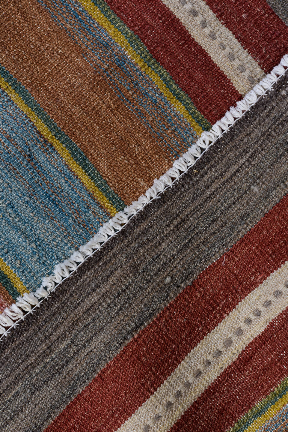 8' x 12' one-of-a-kind handmade vintage Kilim large size rug. Color palette: rose, rust, sage, ivory, taupe, slate