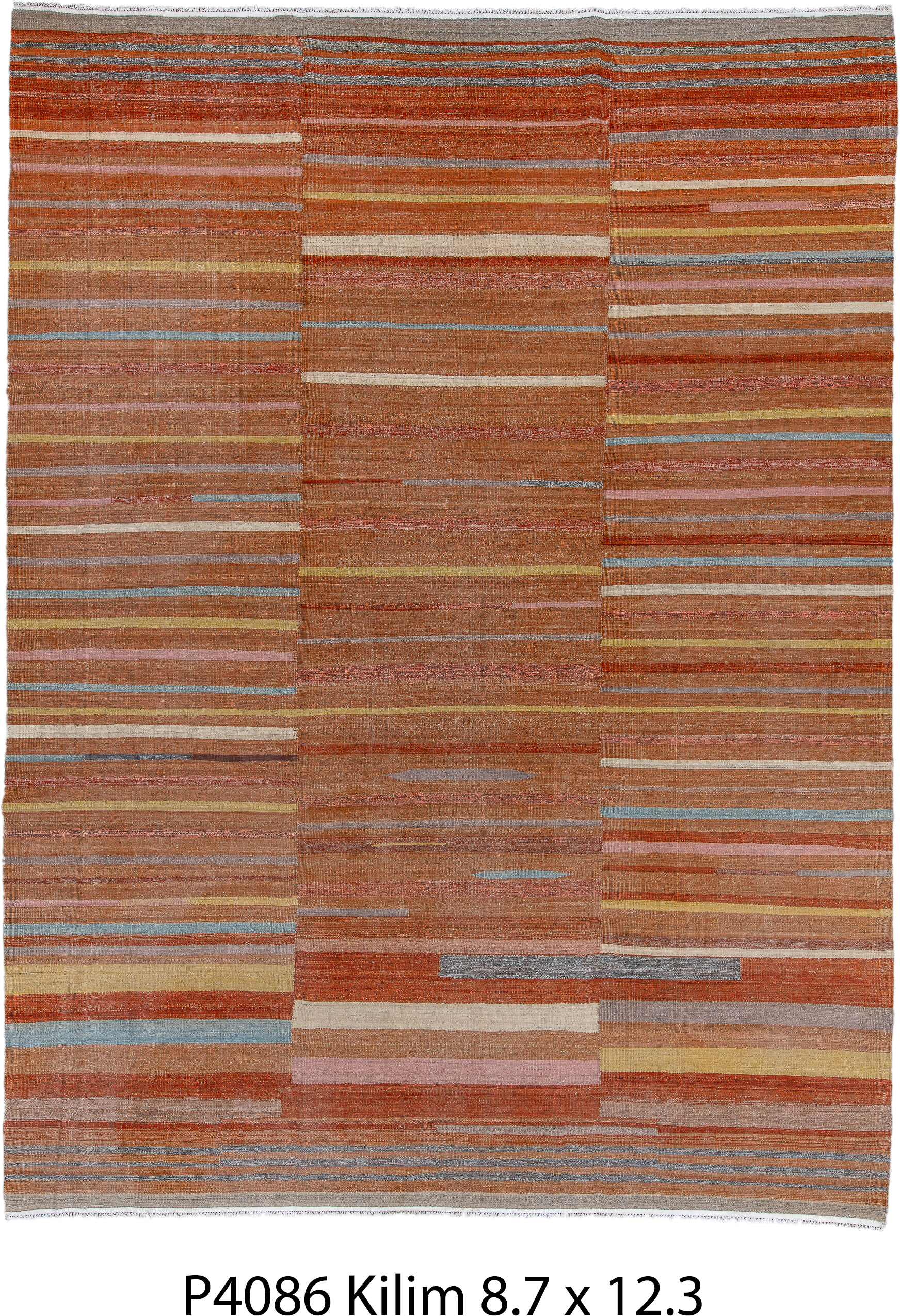 9' x 12' one-of-a-kind handmade vintage Kilim large size rug. Color palette: terra cotta, rust, camel, ivory, gold, blush