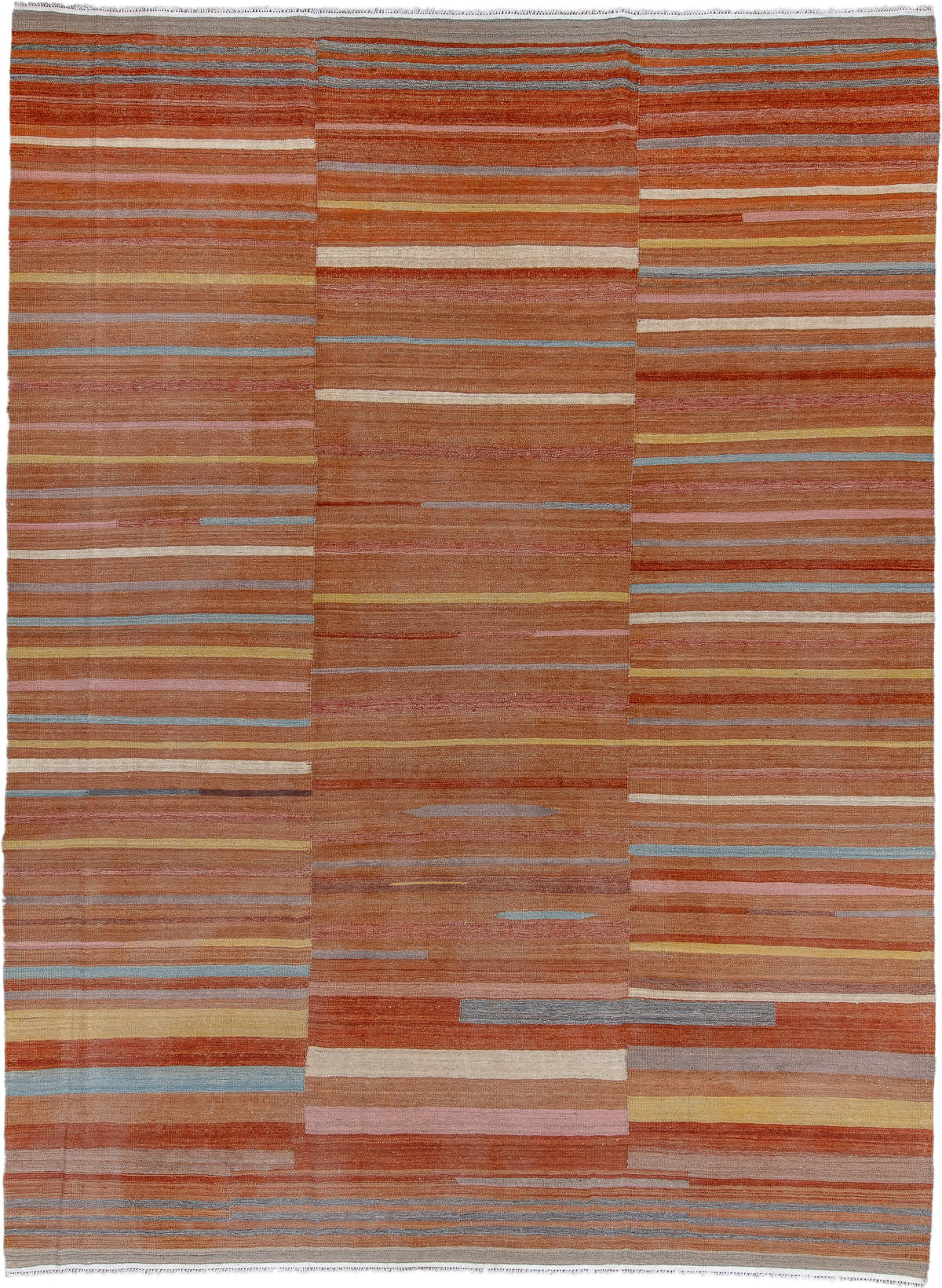 9' x 12' one-of-a-kind handmade vintage Kilim large size rug. Color palette: terra cotta, rust, camel, ivory, gold, blush